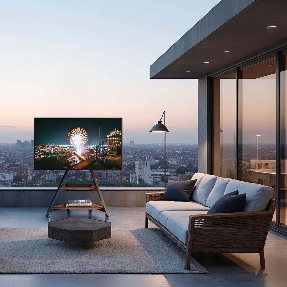 Outdoor balcony with FITUEYES Eiffel Series TV stand at sunset overlooking city skyline