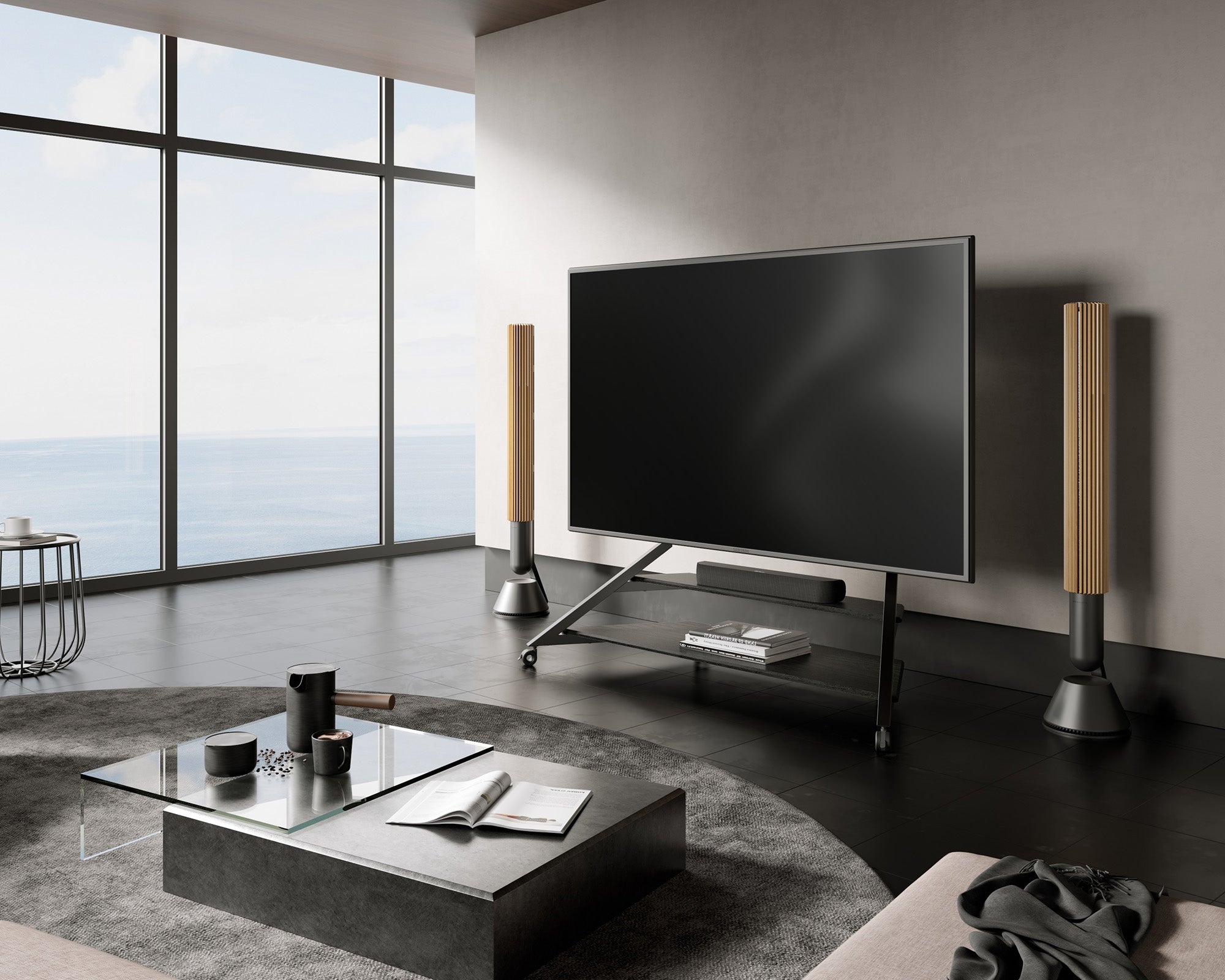 eiffel v2 ft100 rolling floor TV stand with sturdy base and minimalist black design in the living room