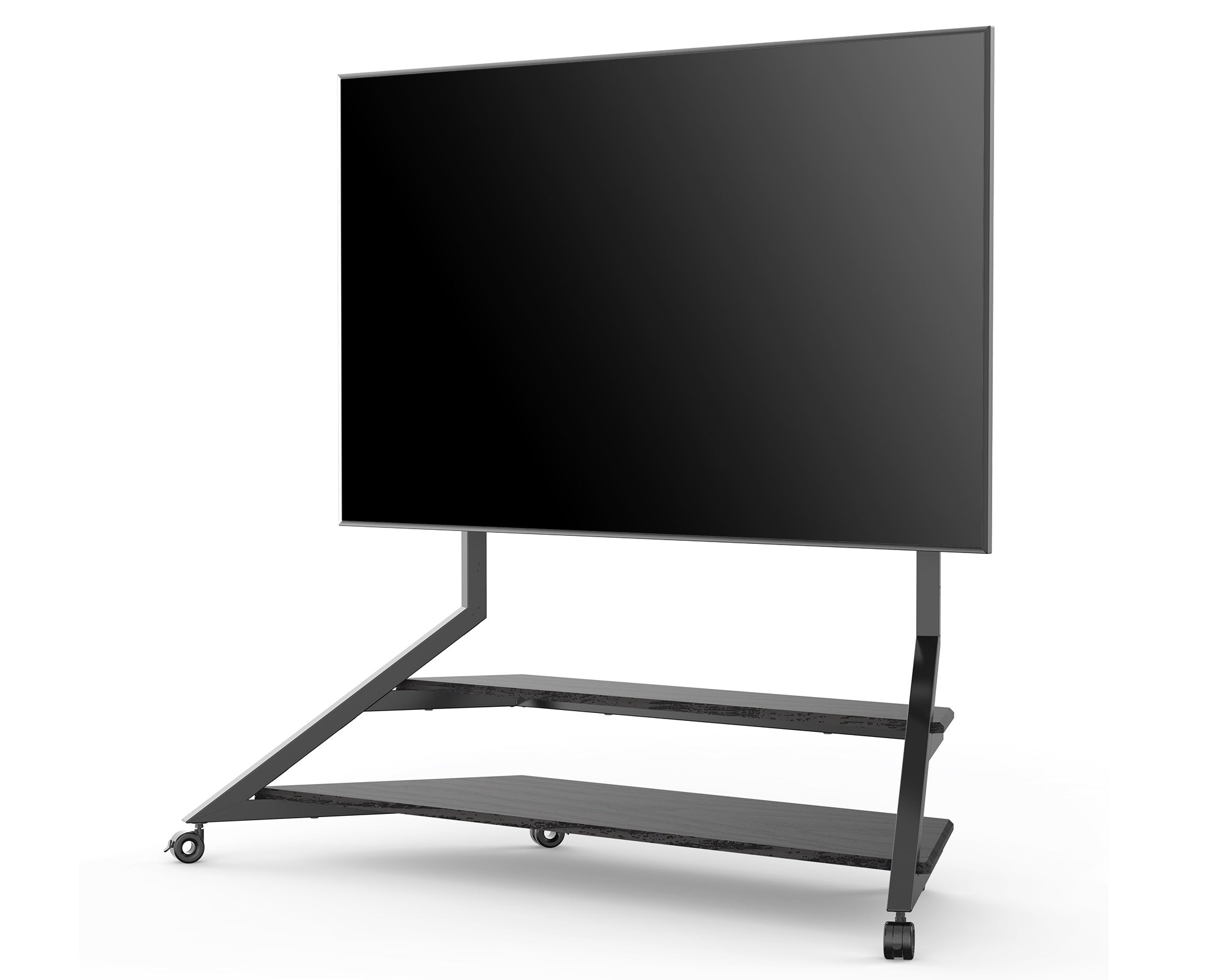 floor standing TV stand with wheels, with sturdy base and minimalist black design, compatible with 75-100 inch TVs.