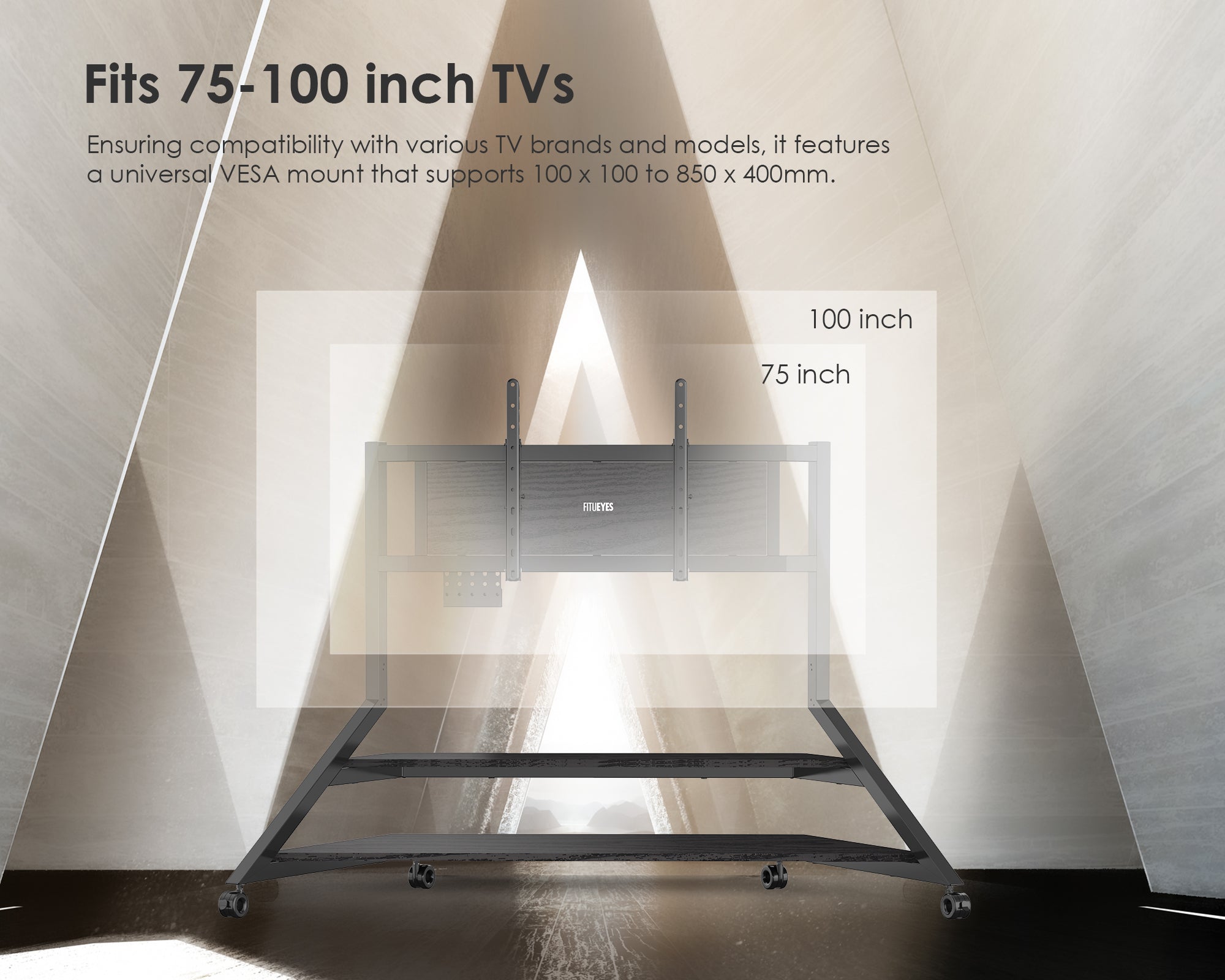 Eiffel v2 ft100 rolling floor TV stand, compatible with 75-100 inch TVs.