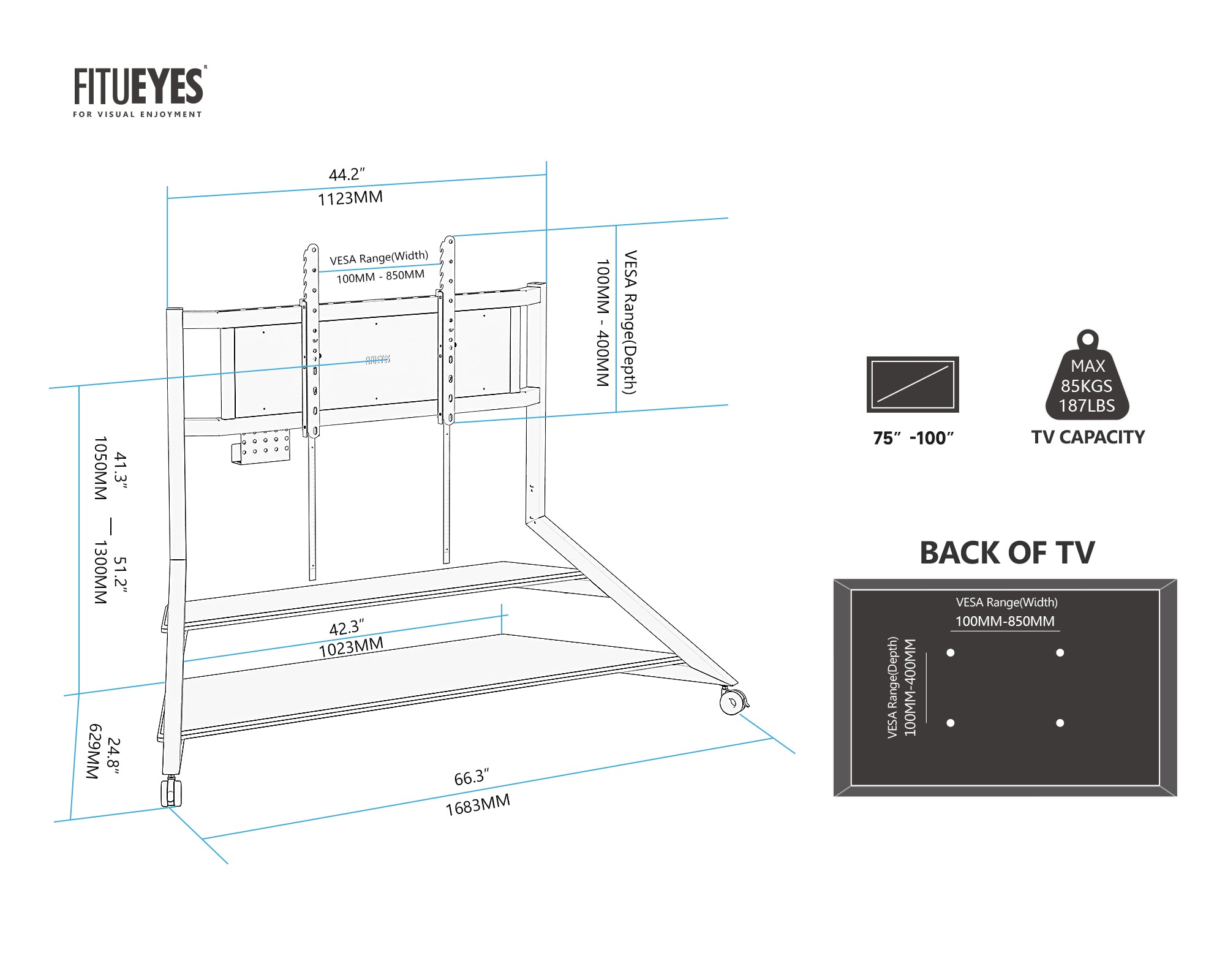 Size chart of floor standing TV stand with wheels for 75-100 inch TVs