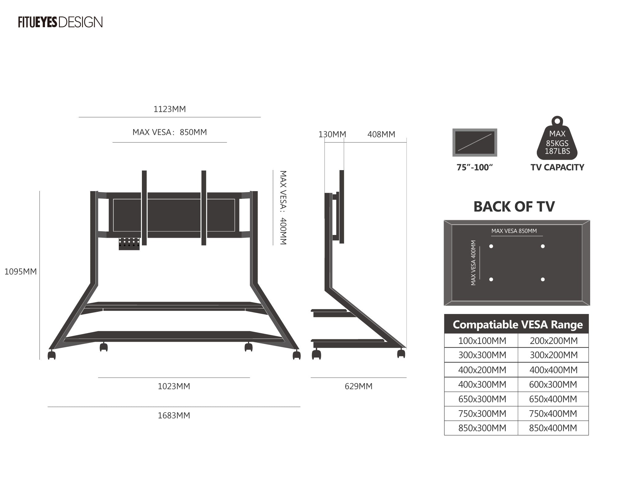 Size chart of eiffel v2 ft100 floor standing TV stand with wheels for 75-100 inch TVs