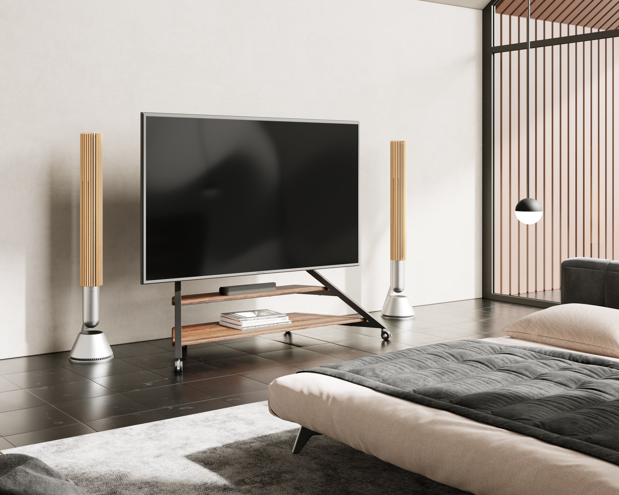 Walnut modern floor TV stand with wheels for 75-100 inch screens in the bedroom