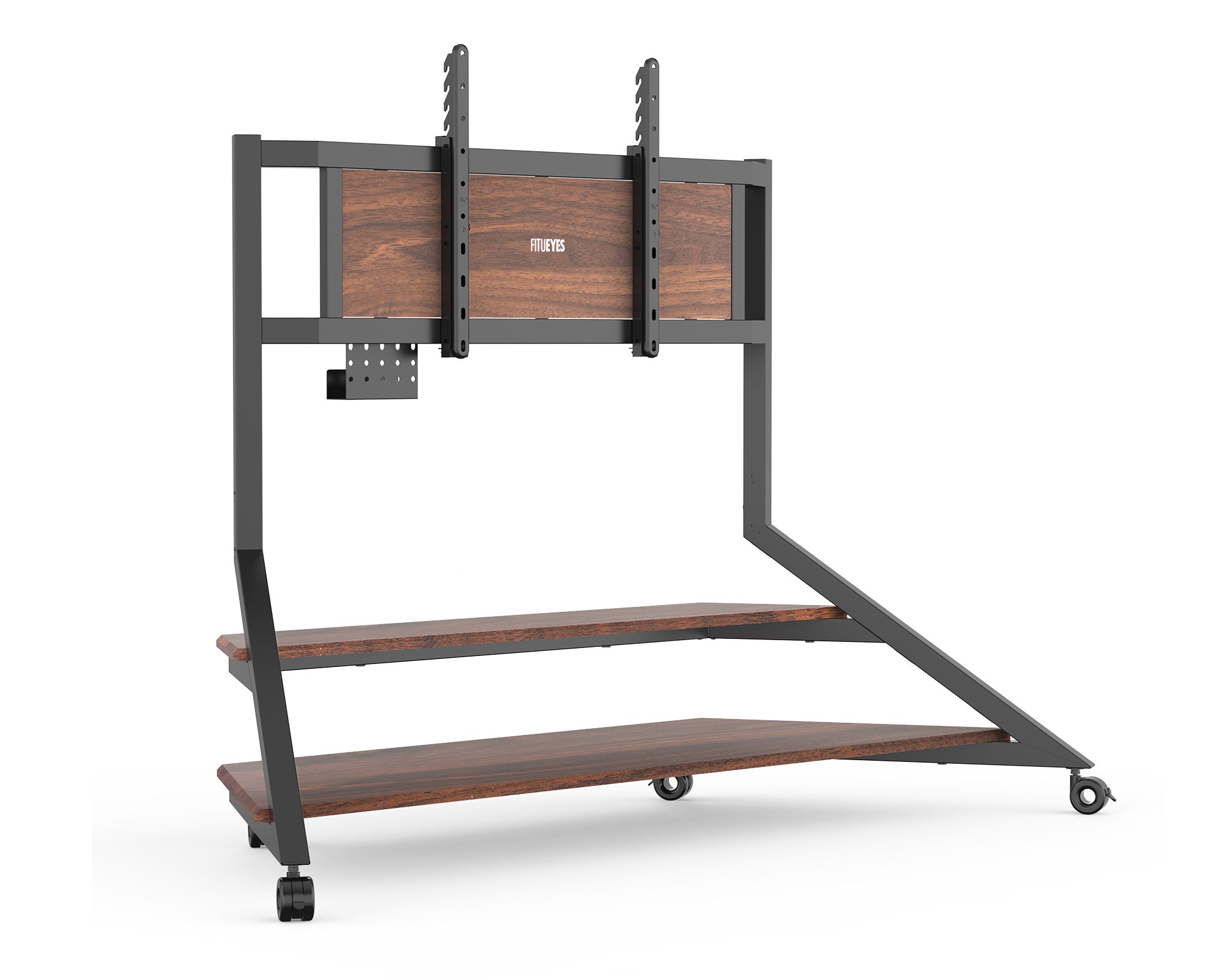 Eiffel v2 ft100 floor TV stand with wheels in walnut, compatible with 75-100 inch TVs.