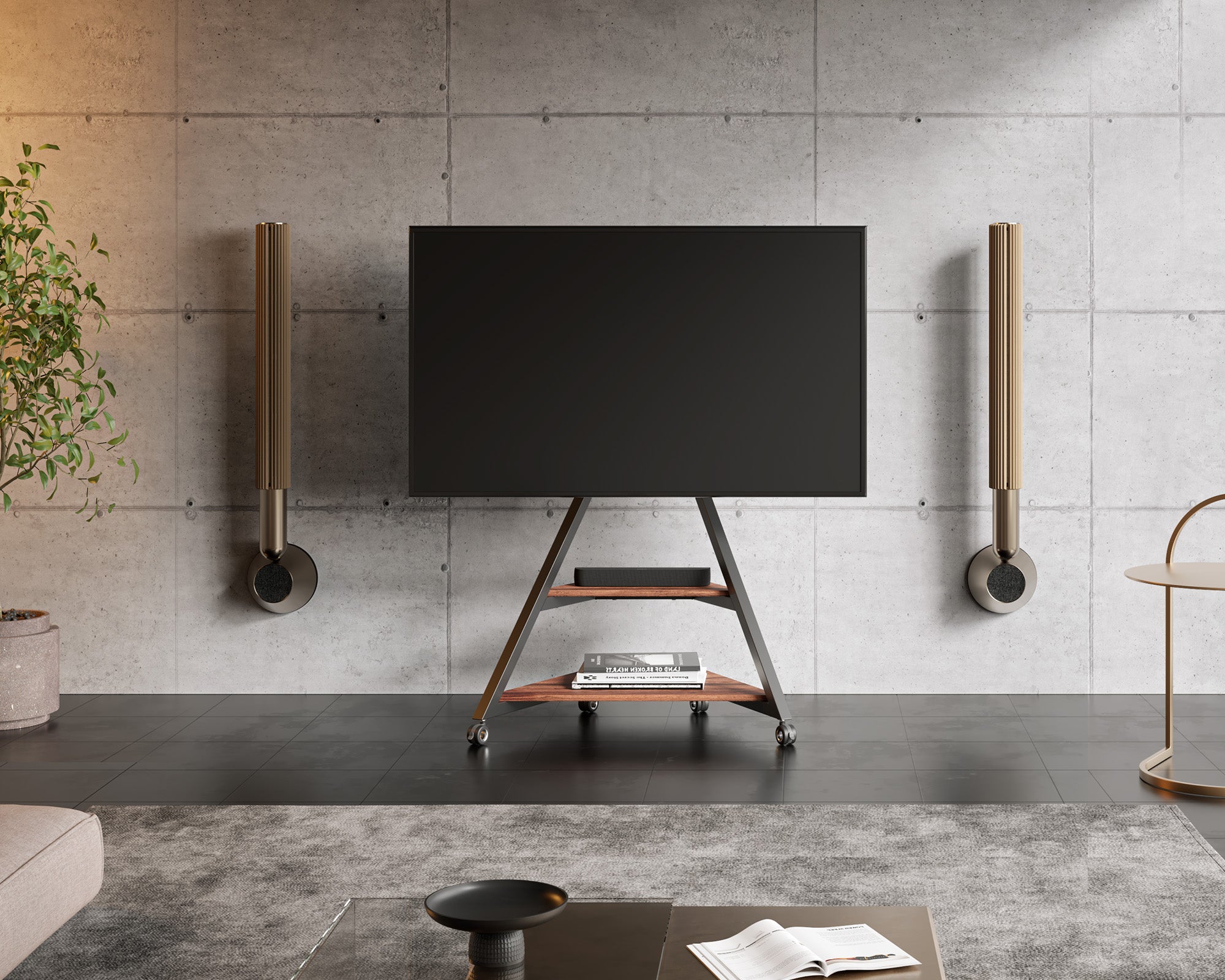 Portable television stand in walnut with wheels in the living room