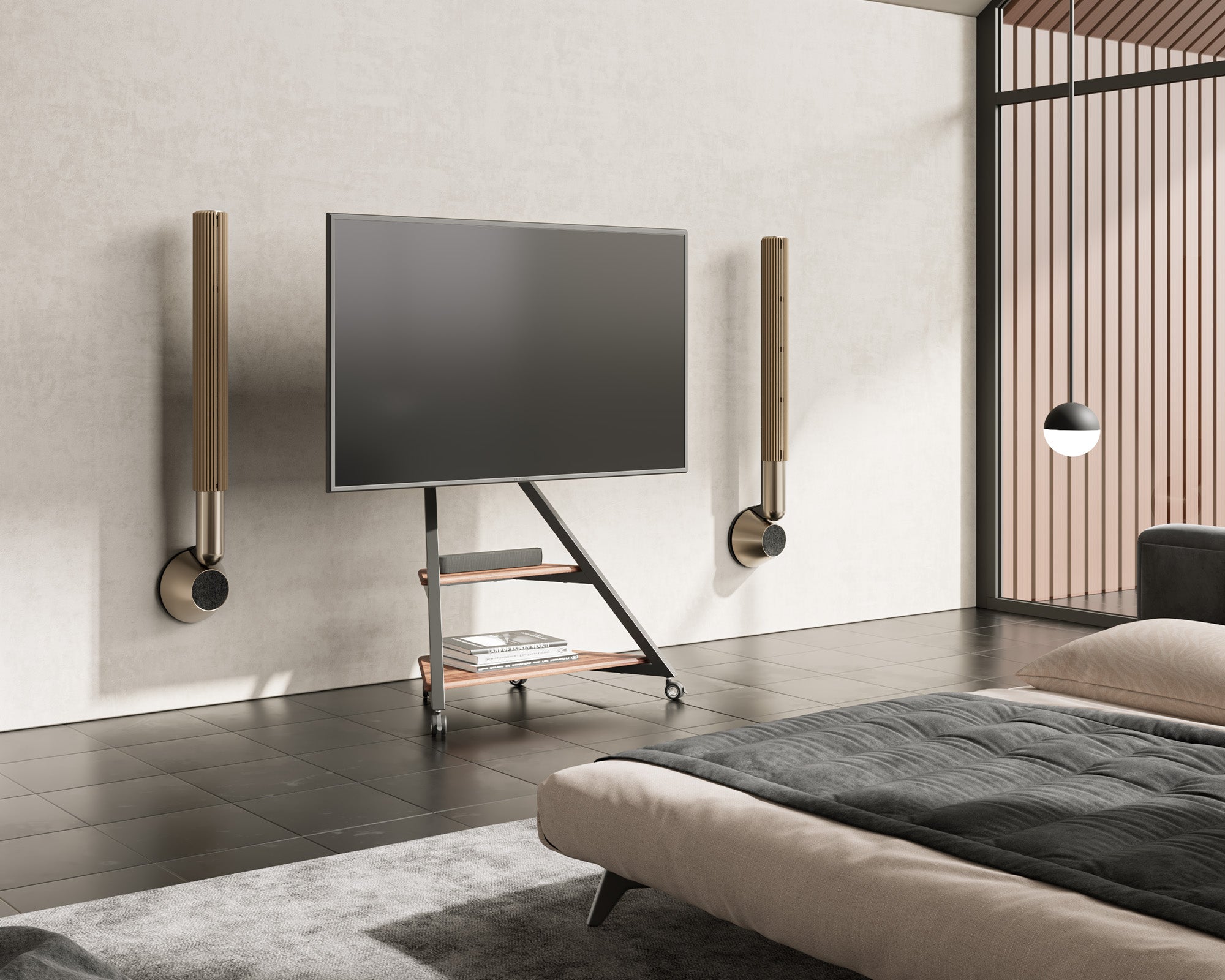 rolling floor tv stand in walnut in the bedroom