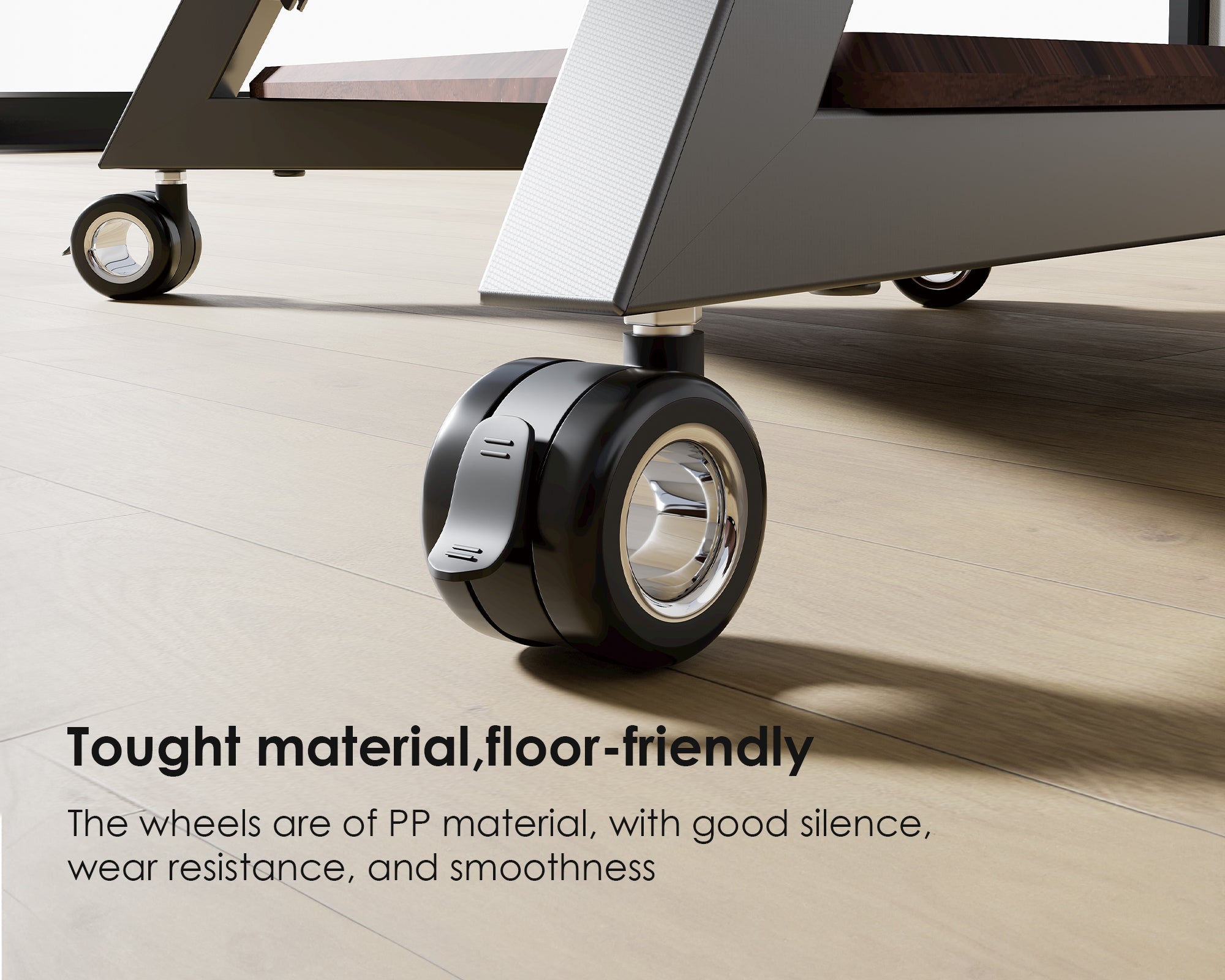 portable television stand with silent wheels and walnut panel for 55-88 inch TVs.