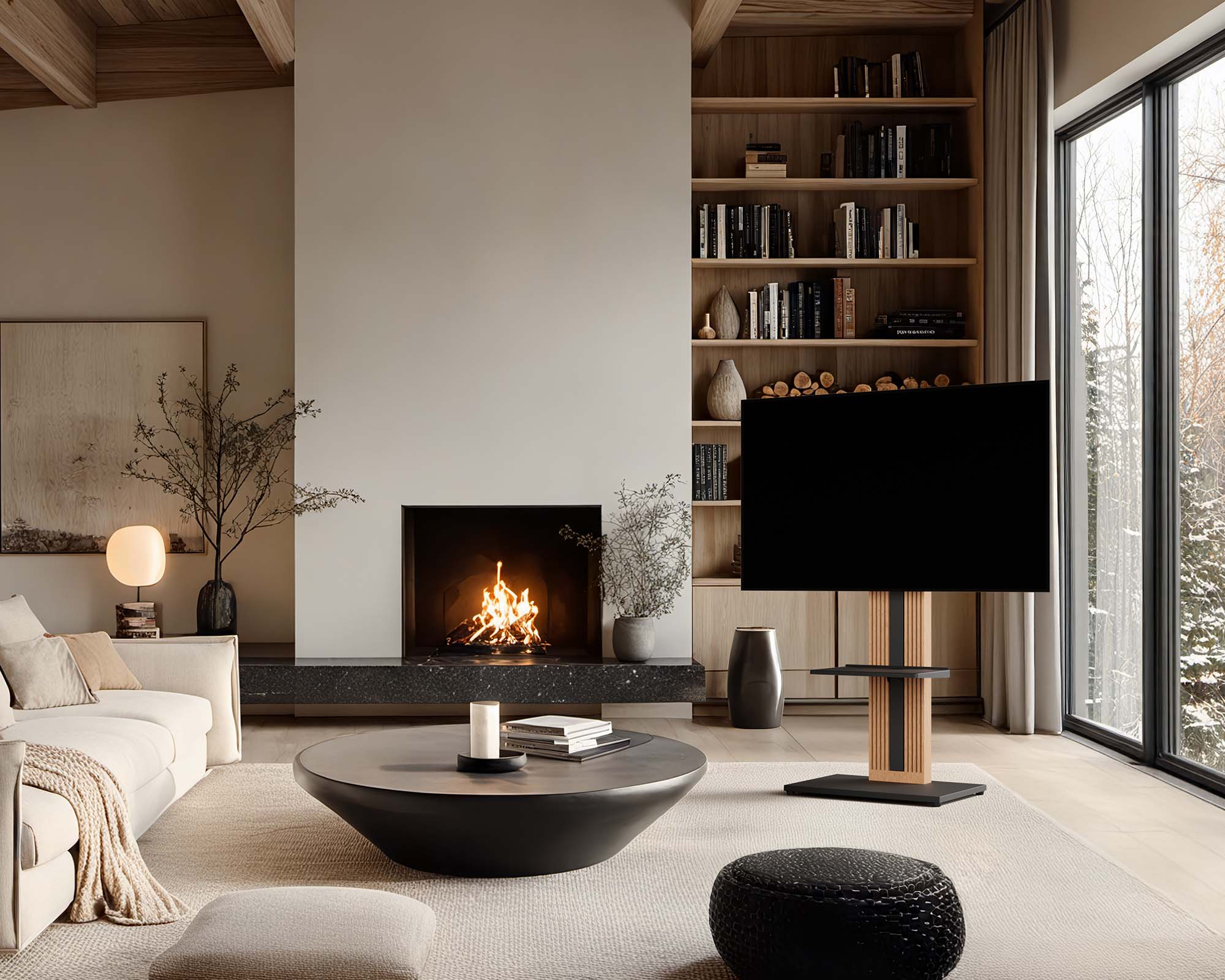 ZEN Series Black TV stand with storage shelf by the fireplace