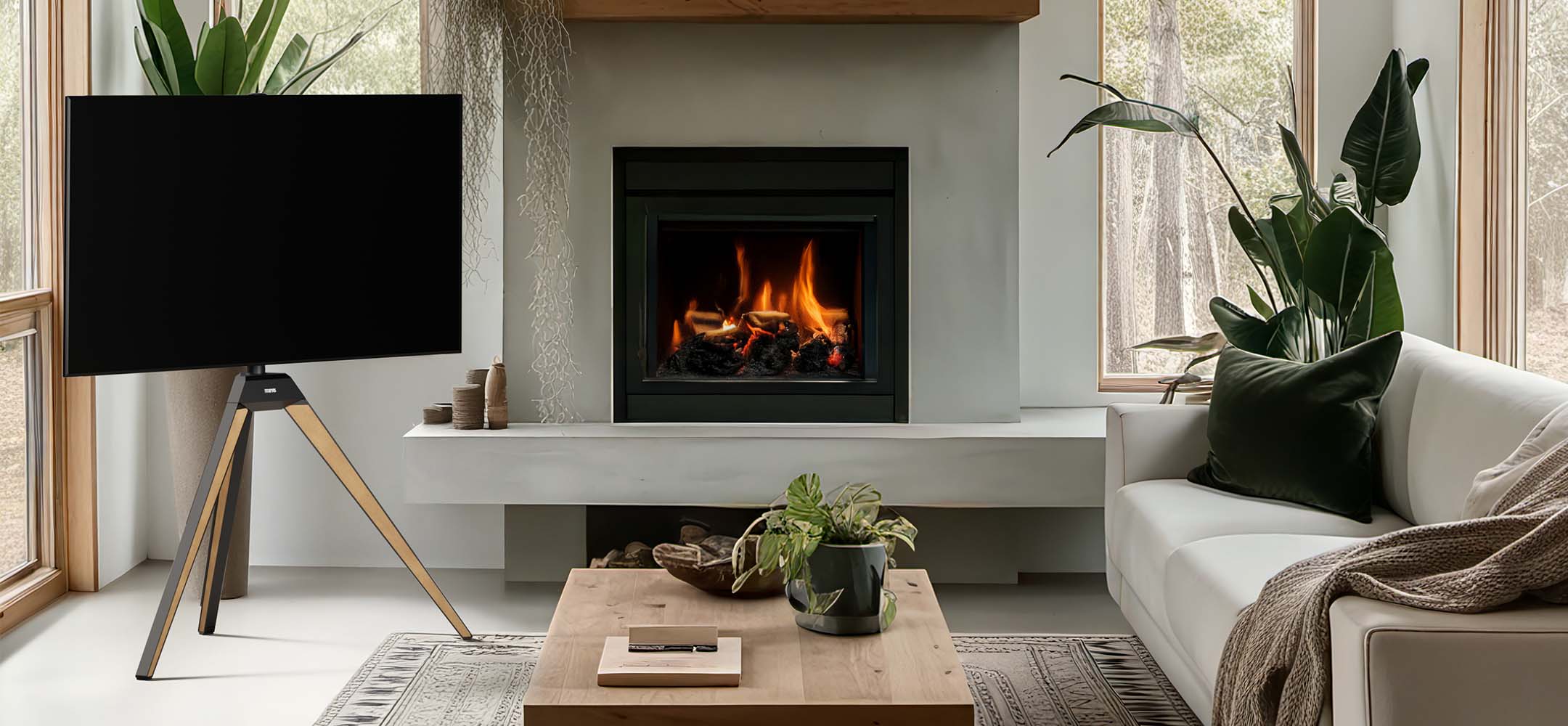 electric fireplace with tv stand placed beside it, modern living room setup
