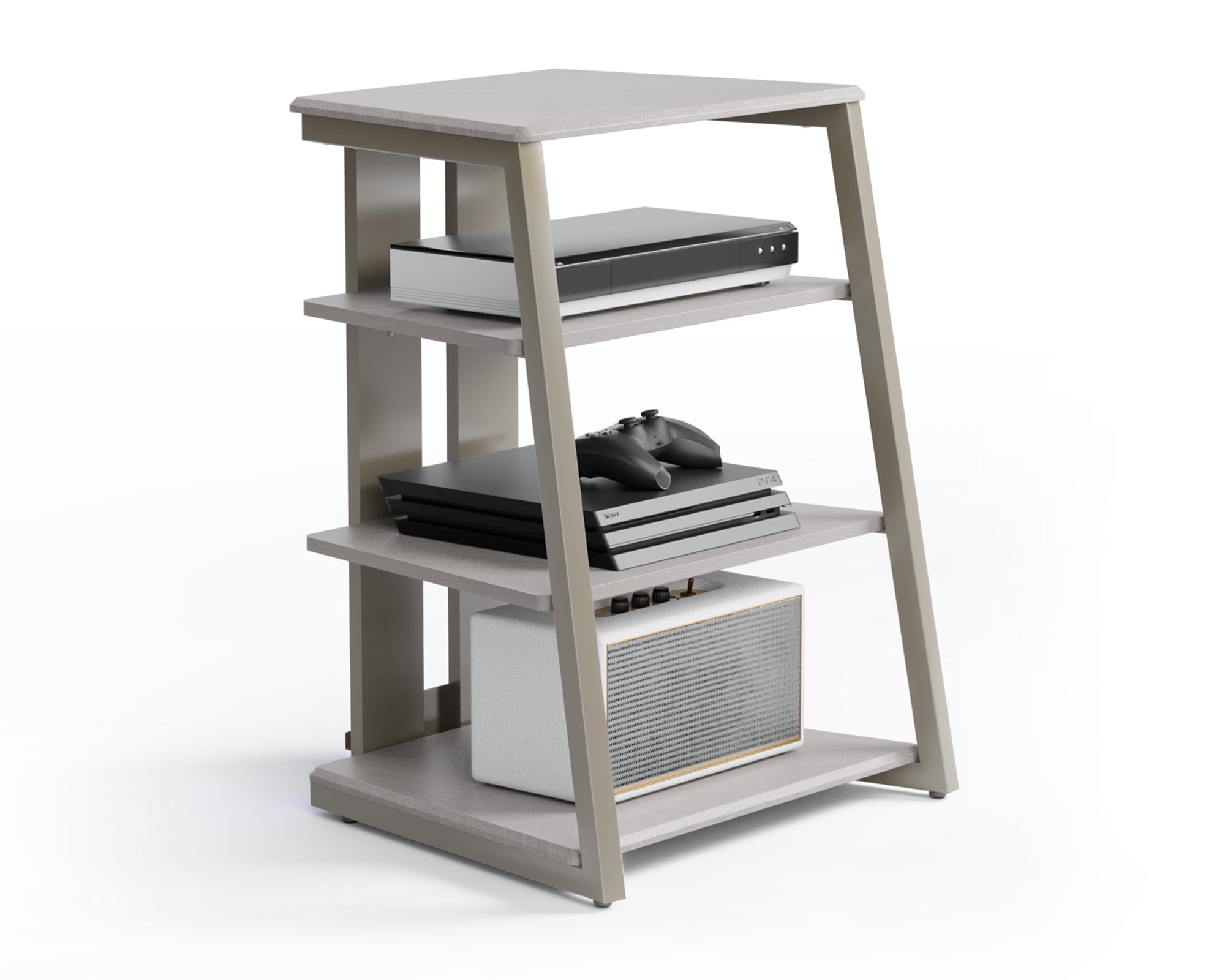 audio rack with camel wood finish and 4-tier open shelving