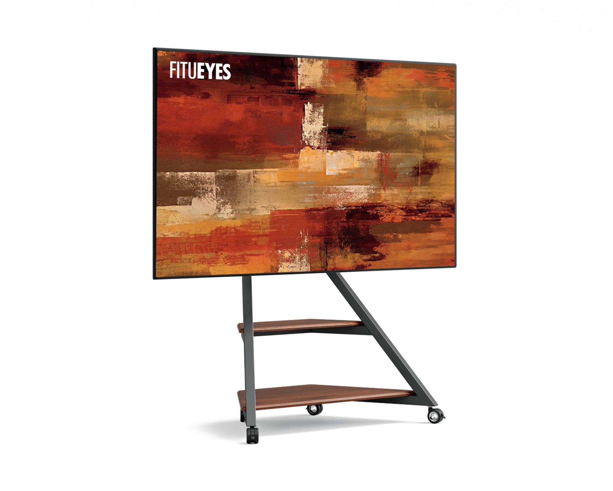 Portable television stand with walnut wood finish, Fitueyes Eiffel V2 floor TV stand with wheels, fits 55-88 inch TVs.