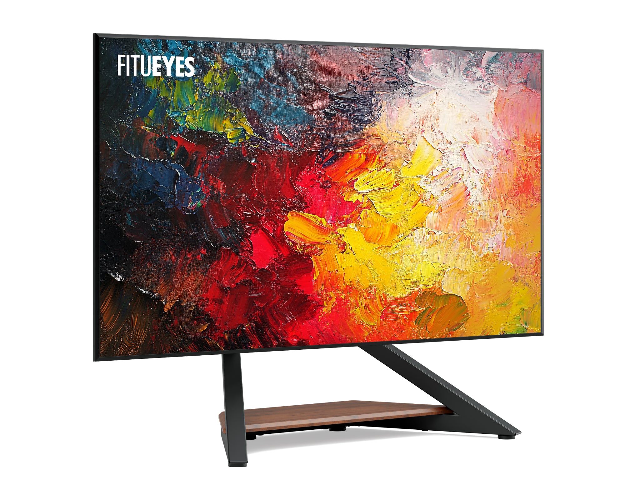 TV tabletop stand Fitueyes Eiffel Series, black metal desktop TV stand for 55-85 inch screens.