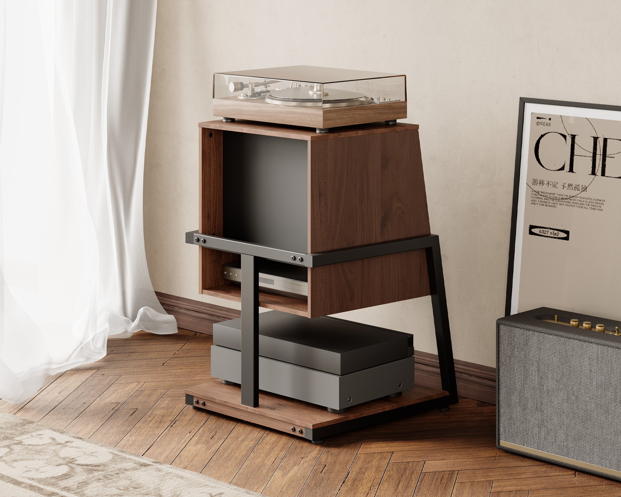 A walnut-coloured record player stand by the floor-to-ceiling windows.