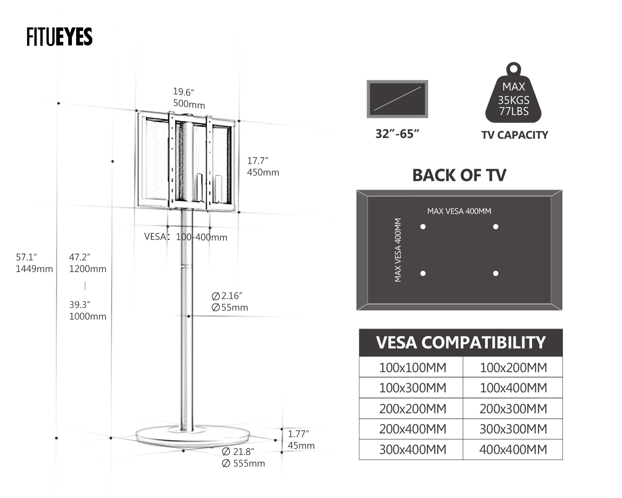 Master V2 FT65 Floor TV Stand With Wheels