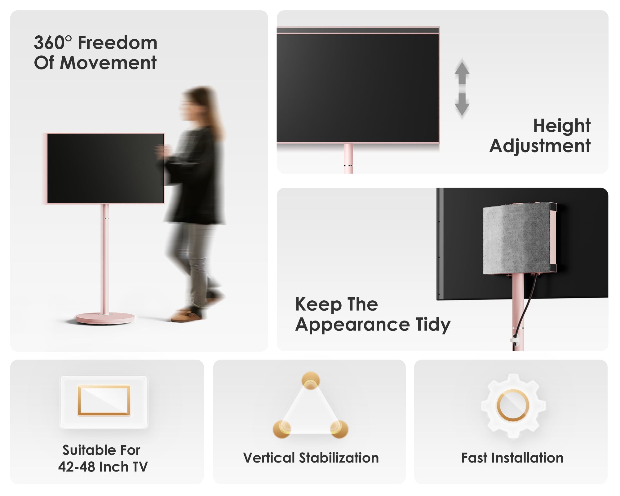 Height adjustable floor TV stand on casters, suitable for 24-48 inch TVs.