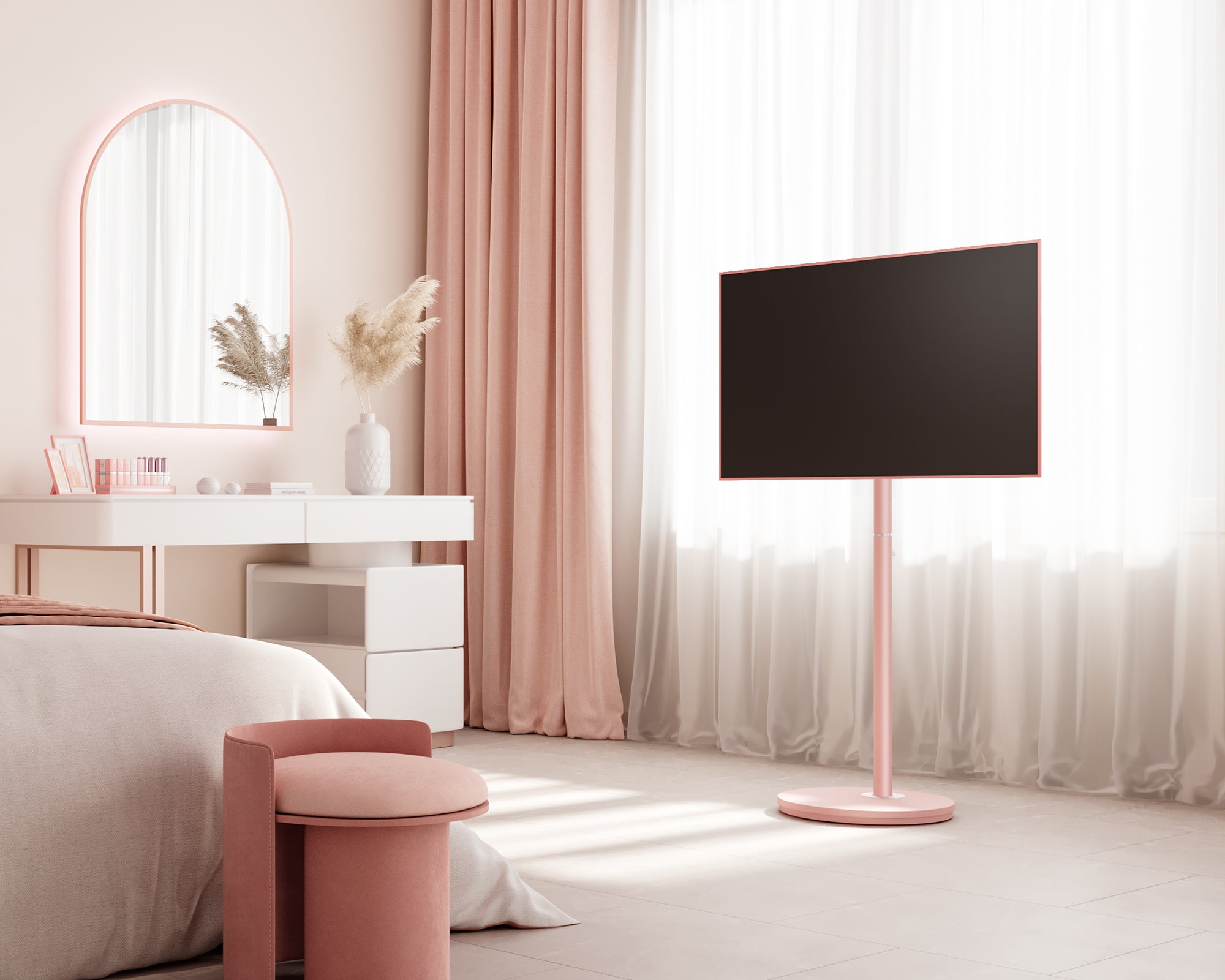 Pink floor TV stand on casters in the bedroom