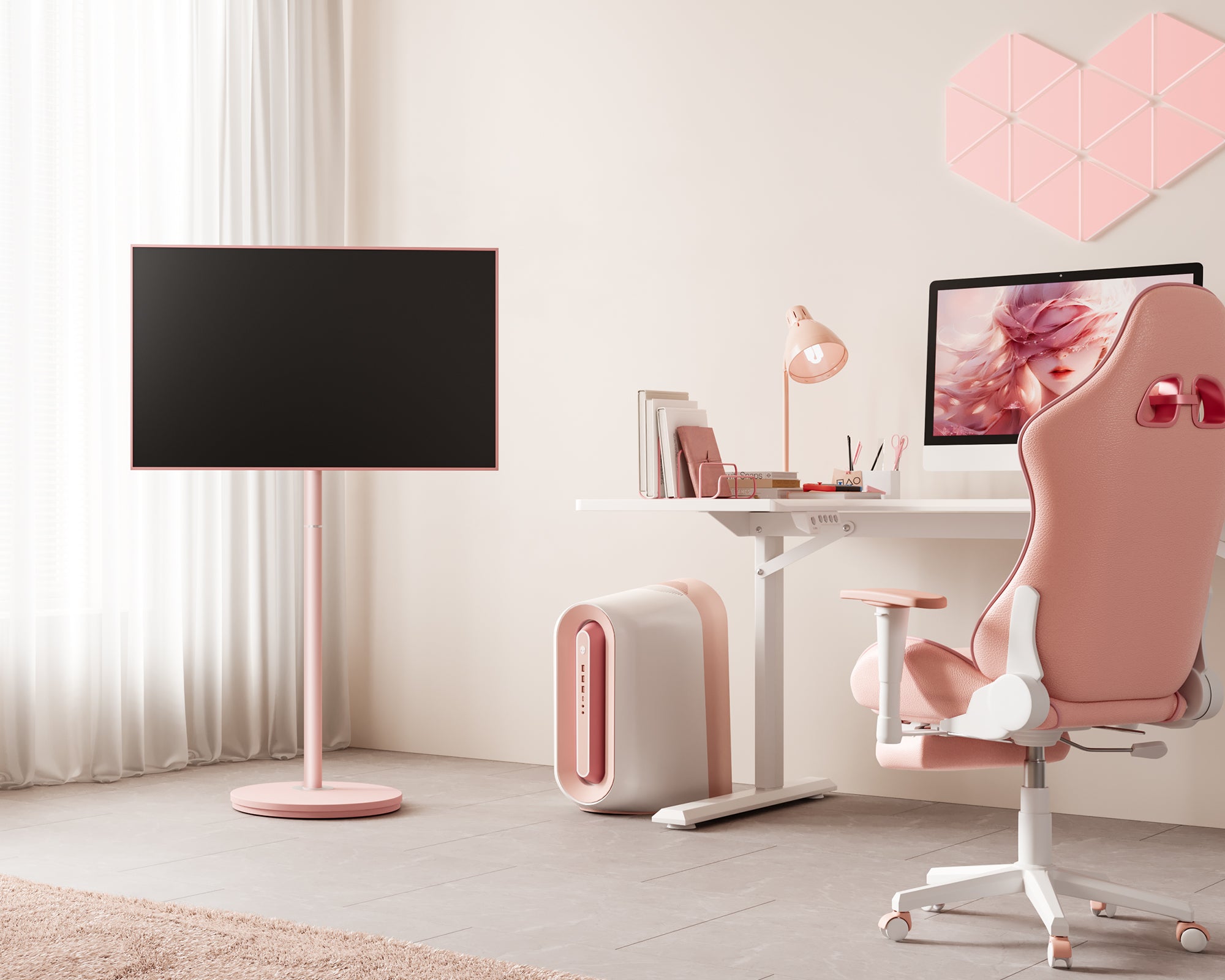 Pink TV stand on casters placed in the study