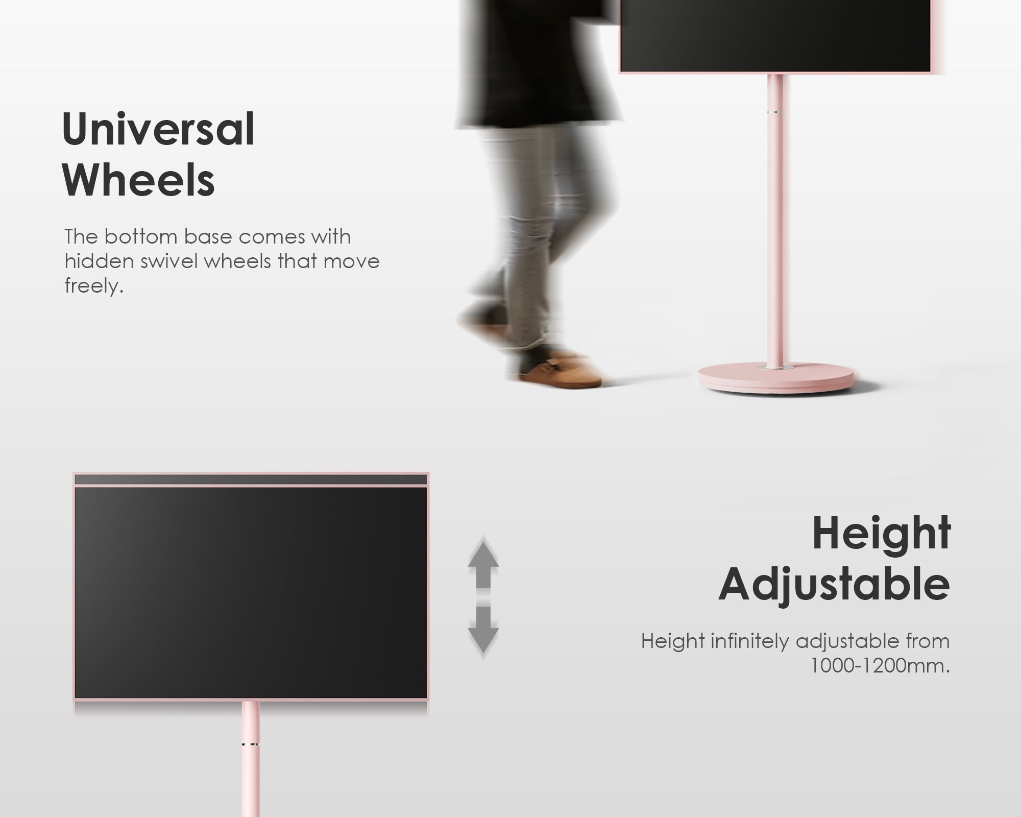 Height adjustable floor TV stand with universal wheels