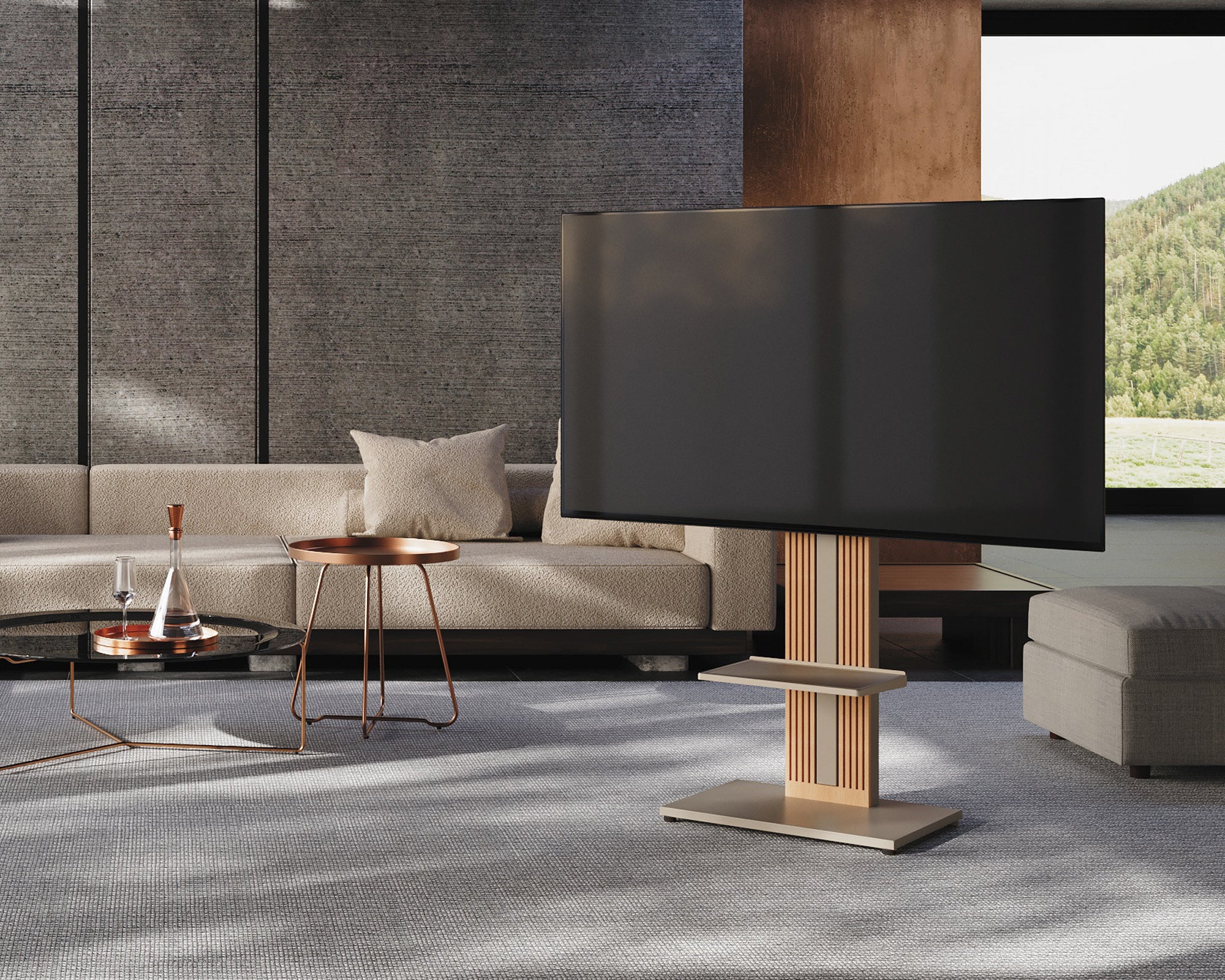 zen ft88 tv stand with plate shelf in the living room