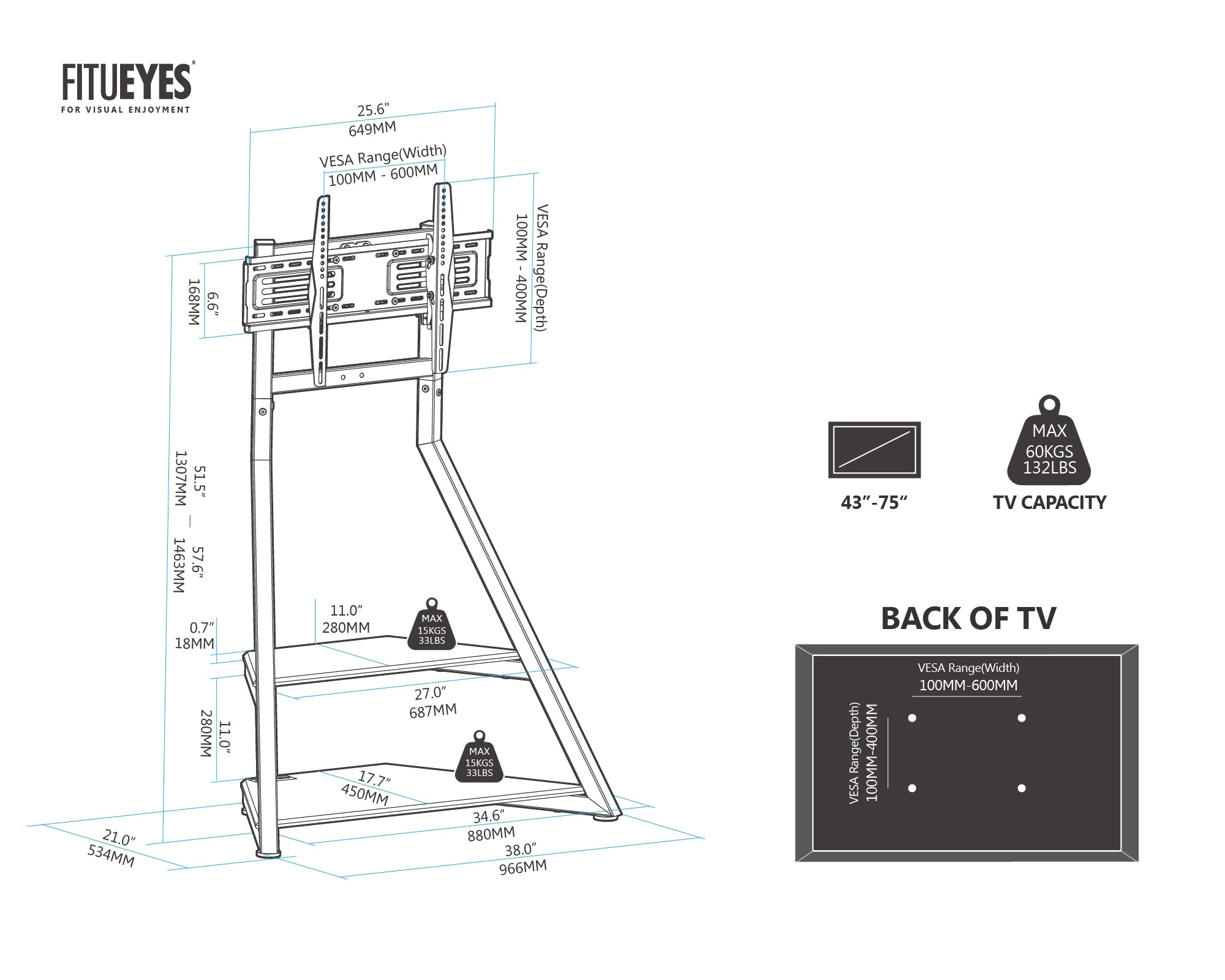 Floor standing TV stand suitable for 43-75 inch TV size chart