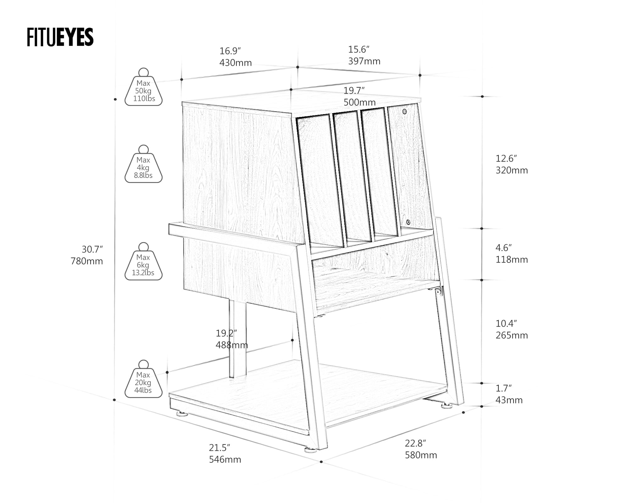 Dimensioned view of the pink record player stand with four levels of storage space