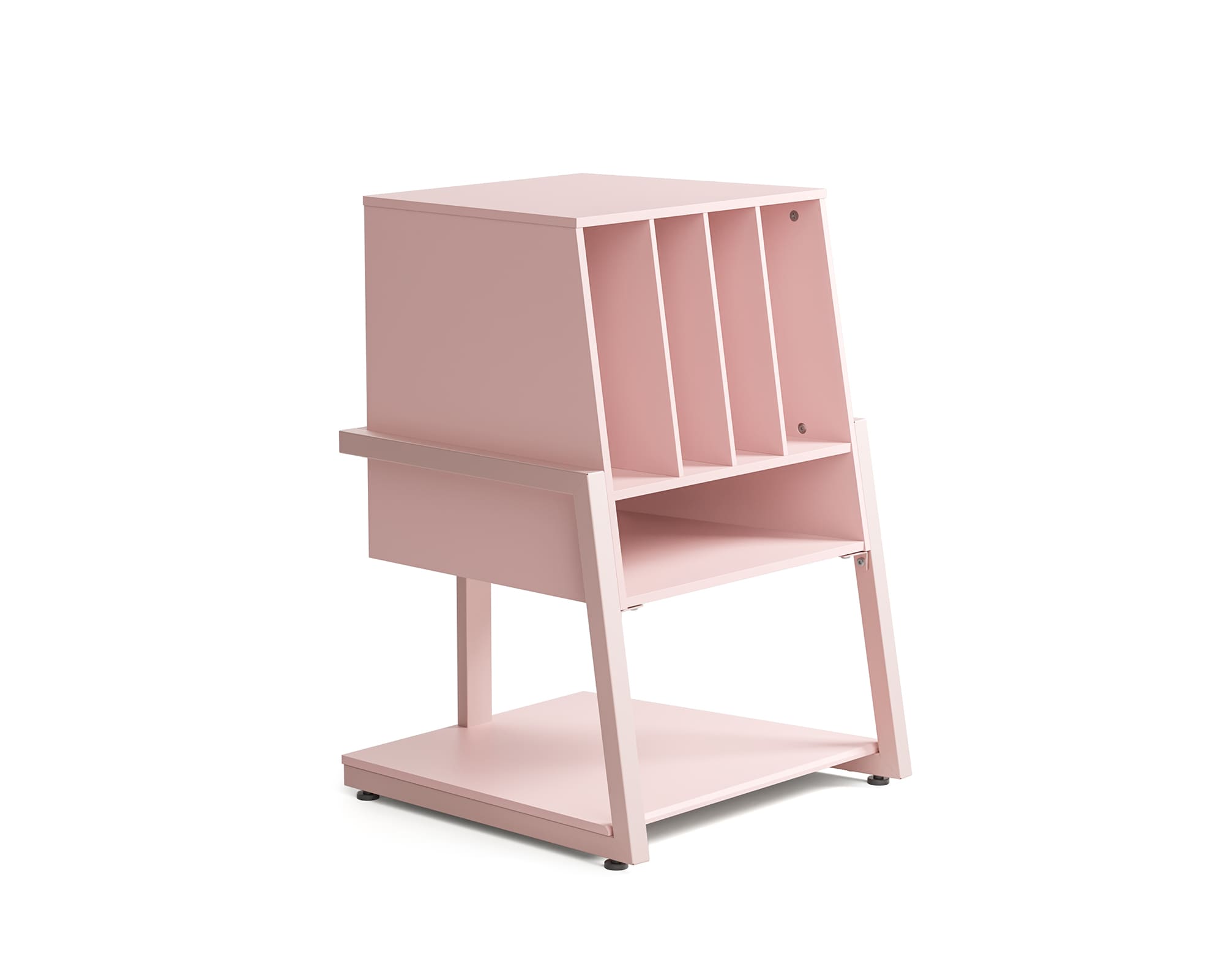 Pink record player stand with four levels of storage for 120 records and audio equipment