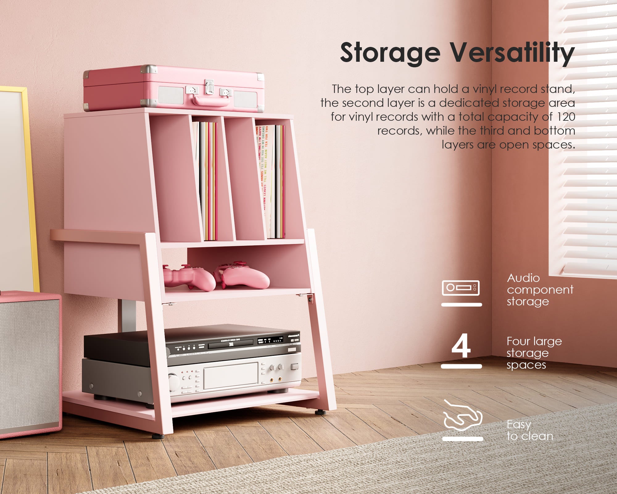 Pink record player stand with four tiers of rich storage space