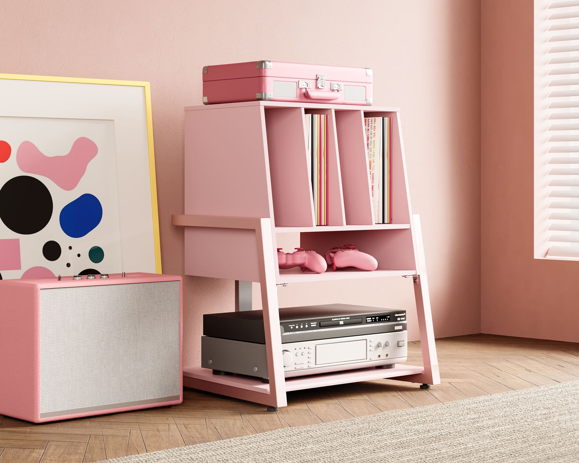 Pink HiFi stand for records and audio equipment in the corner.