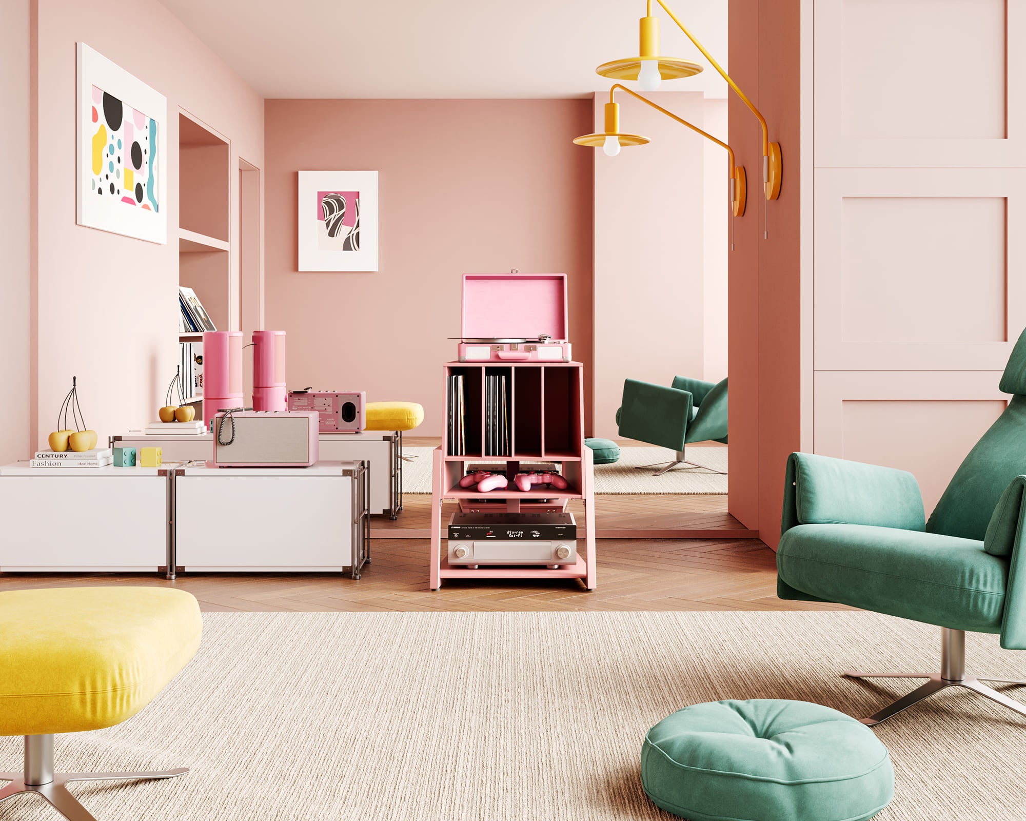 Pink record player stand in the living room for records and audio equipment