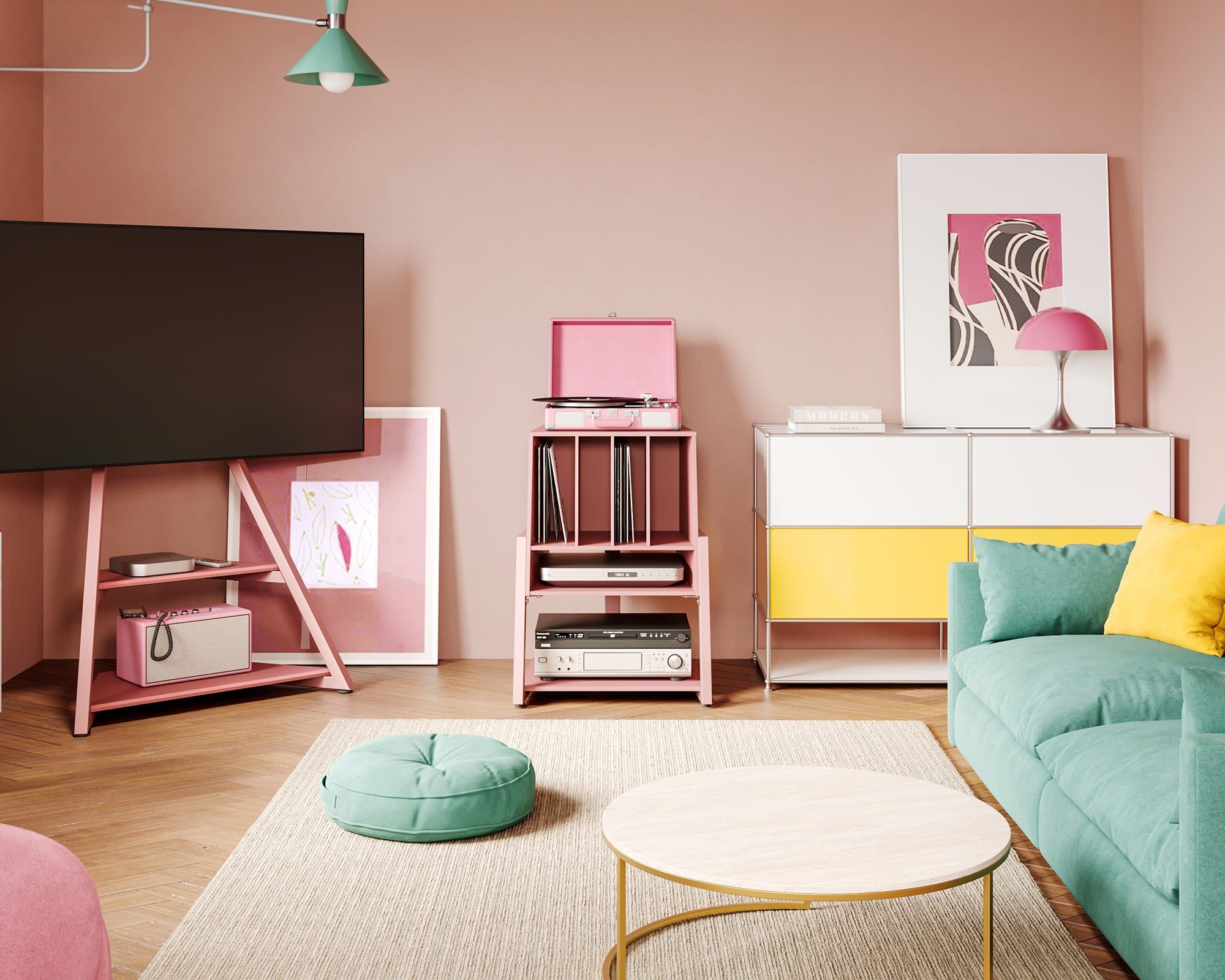 Pink record player stand in bedroom, living room