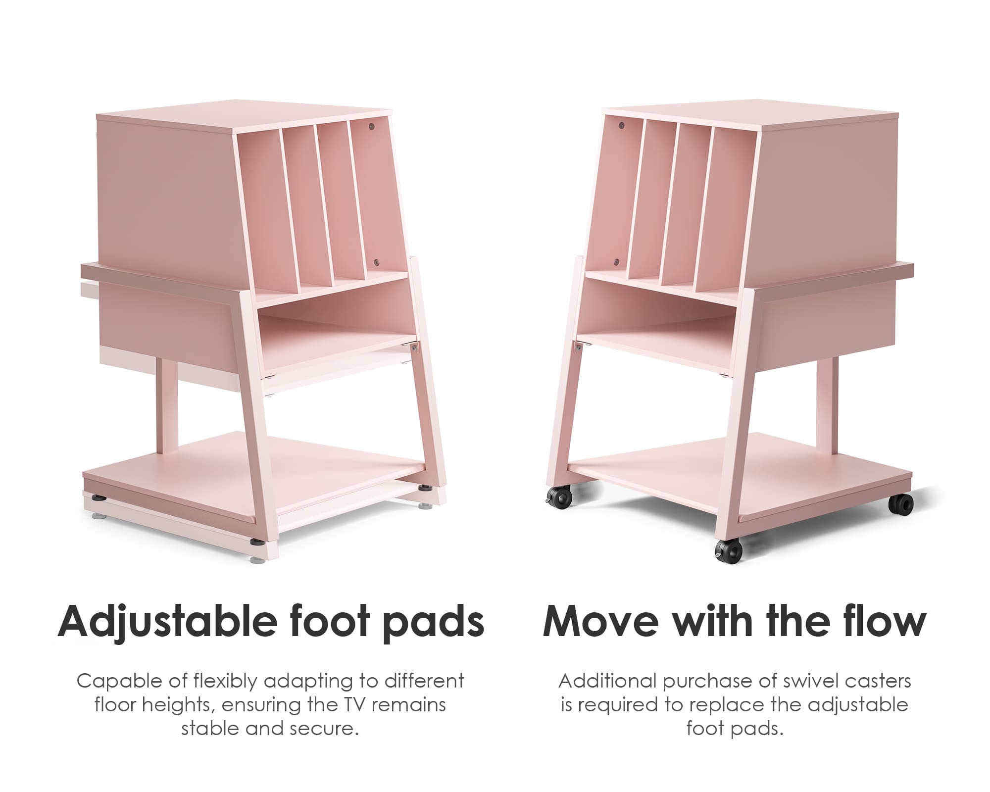 Pink record player stand with adjustable feet or wheels