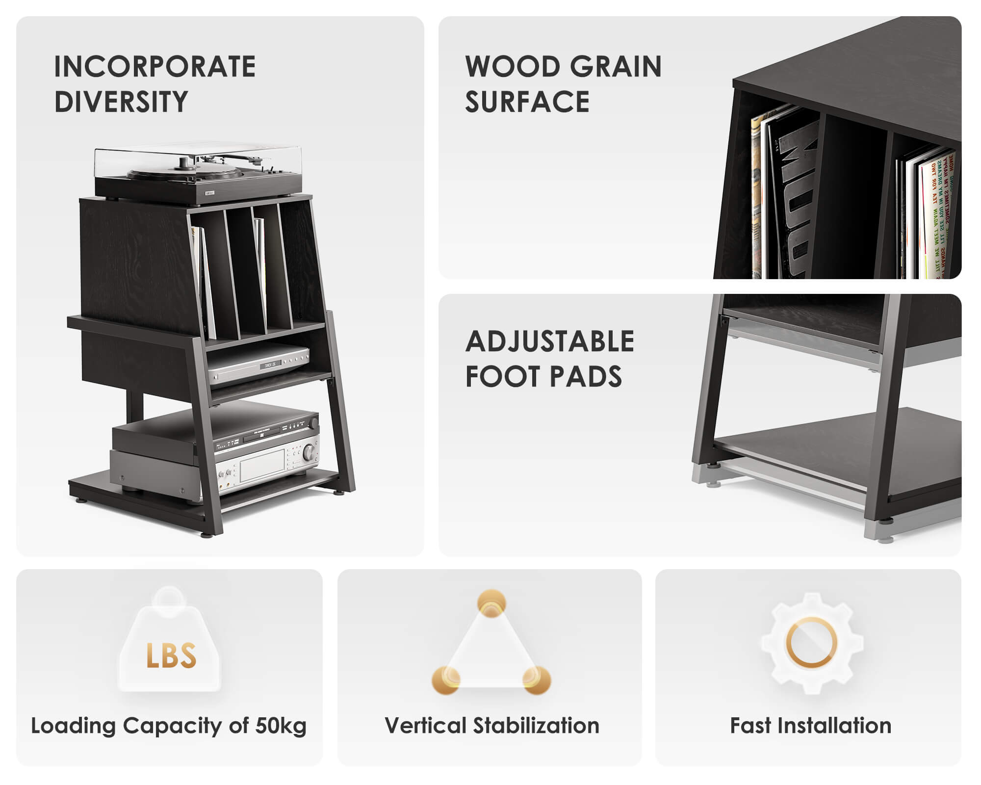 Black record player stand with integrated device storage