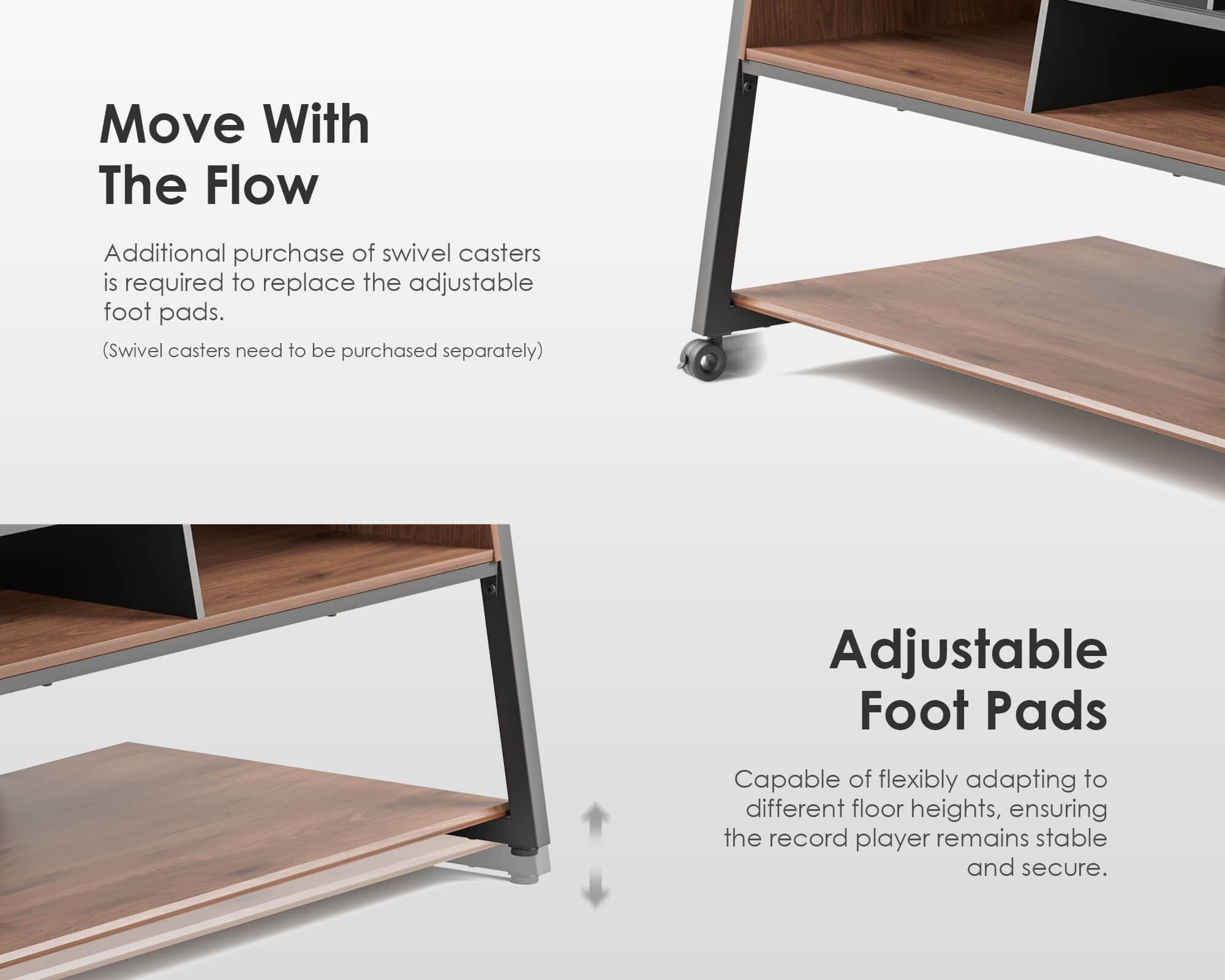 HiFi stand in walnut with universal wheels for free movement