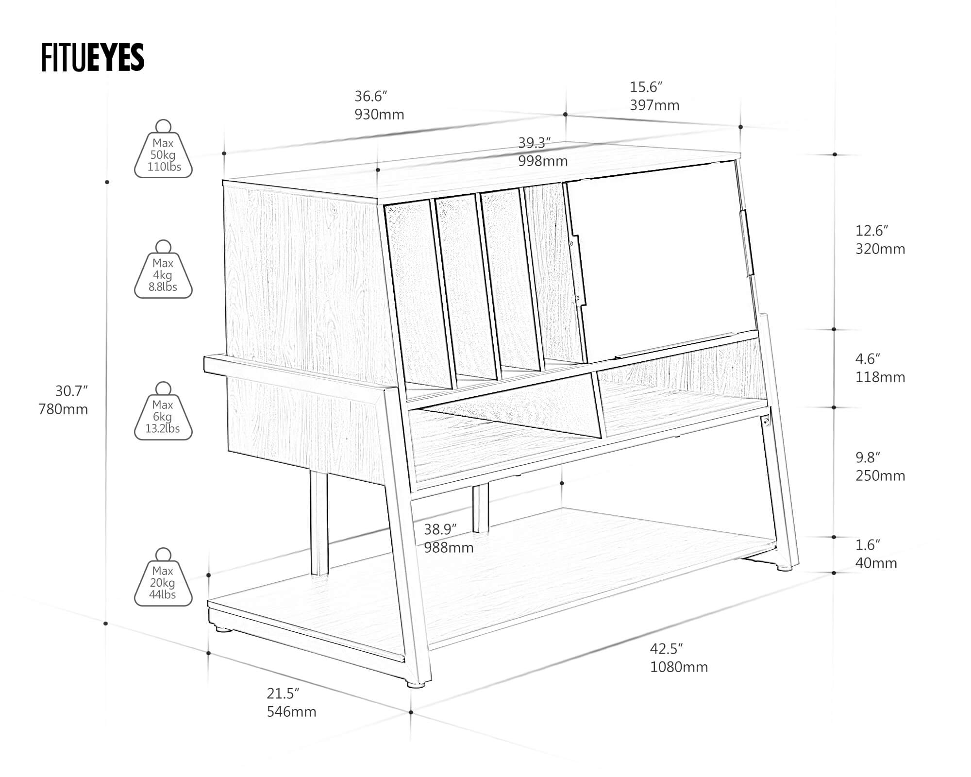 FITUEYES Eiffel RS10 Record Player Stand Dimension Drawing, Load Range