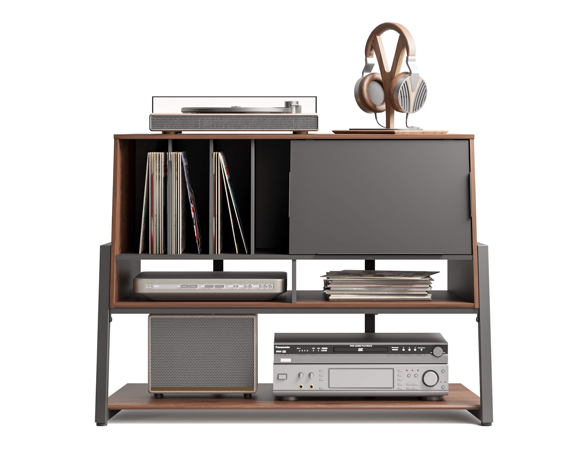Walnut-coloured record player stand with four levels of storage space