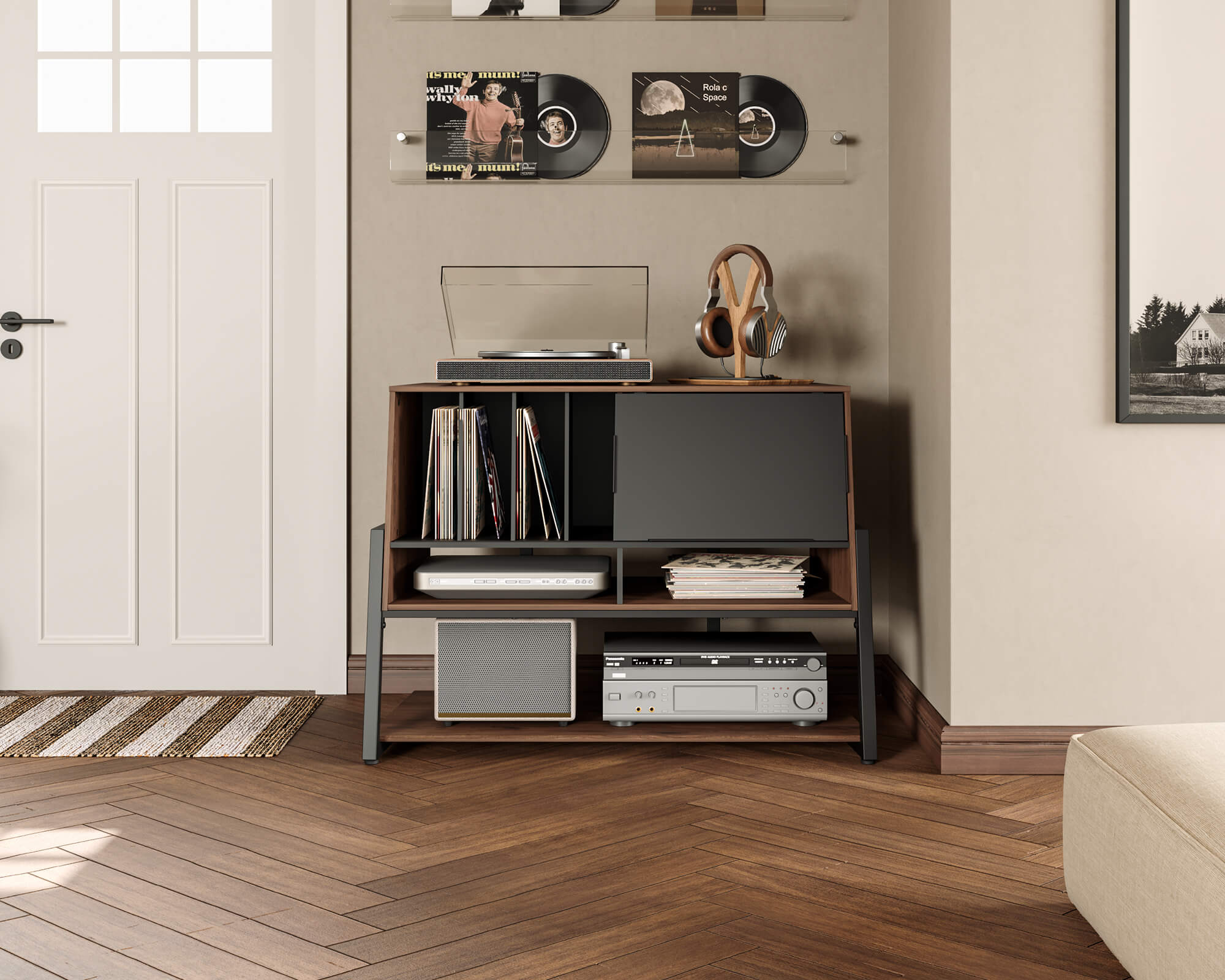 Walnut-coloured record player stand in the corner by the door