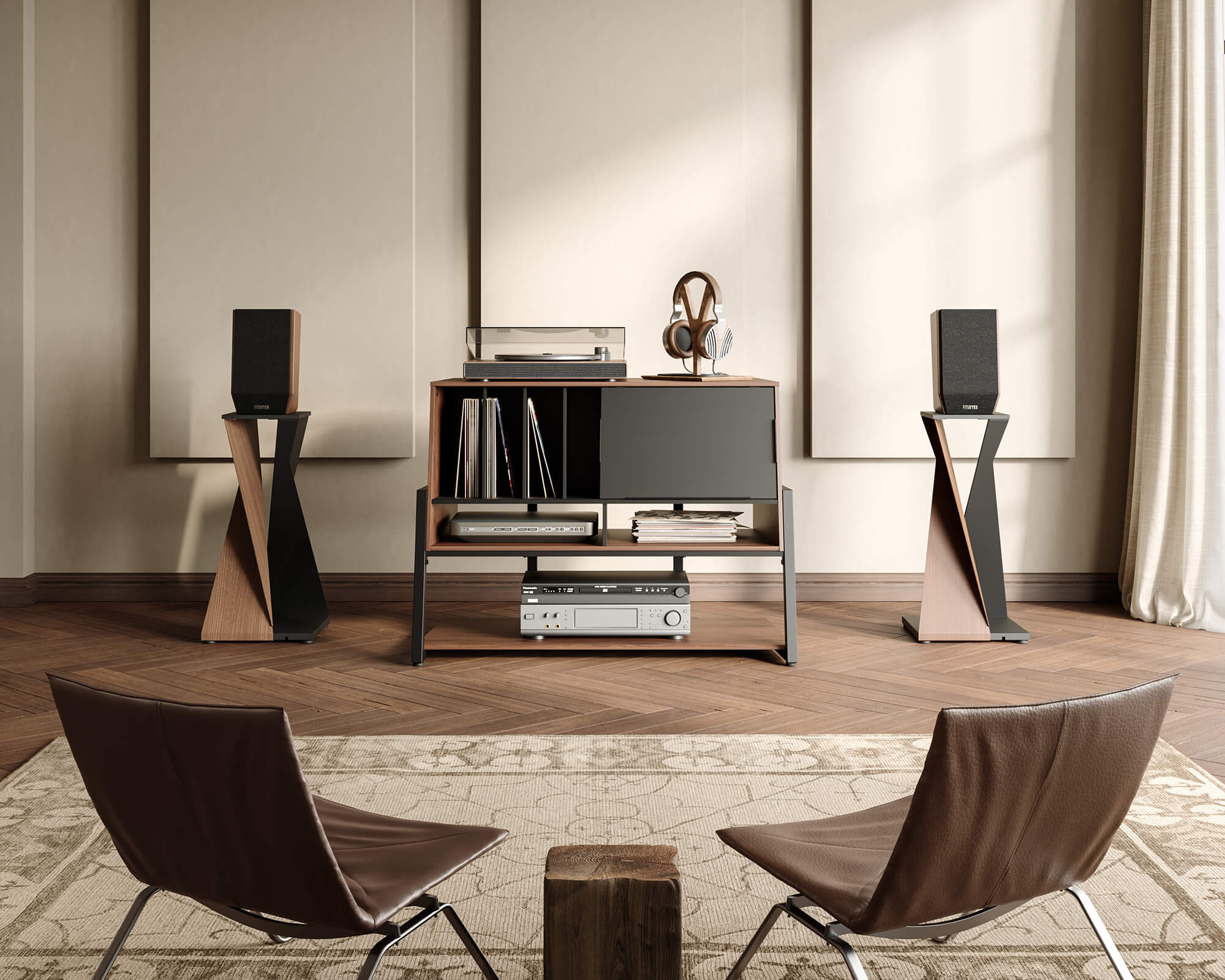 HiFi stand in walnut in the living room, music corner, home theatre