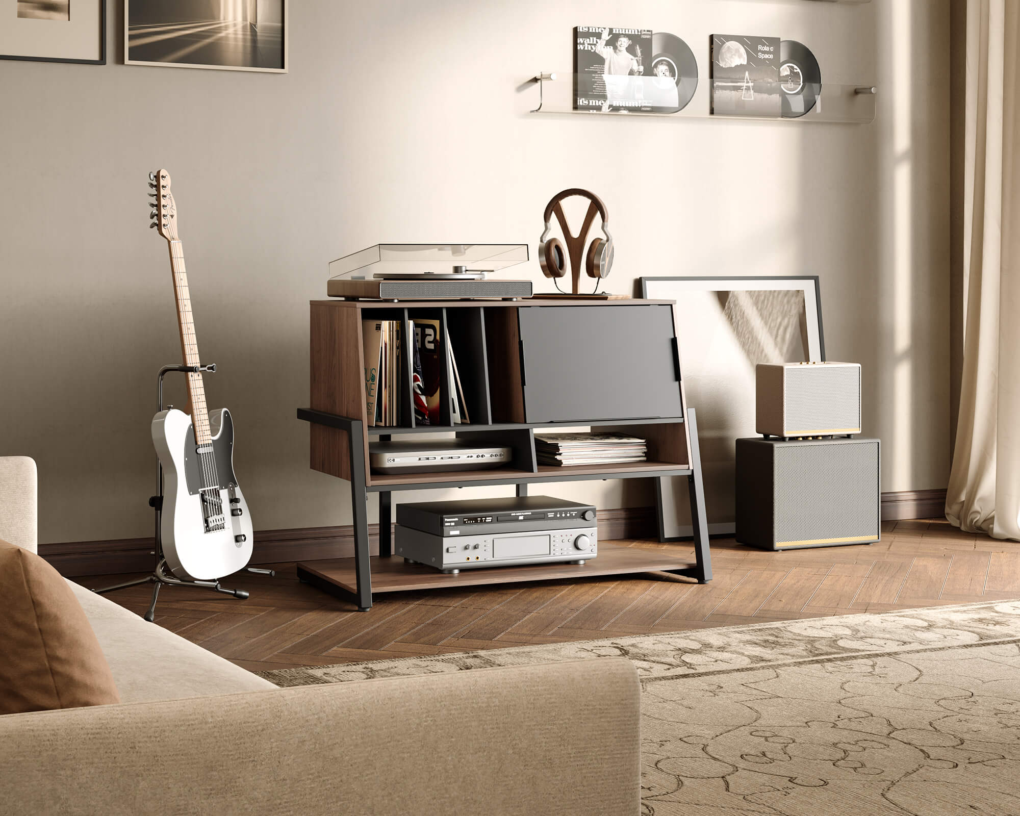 Record player stand in walnut in music room, living room, AV room