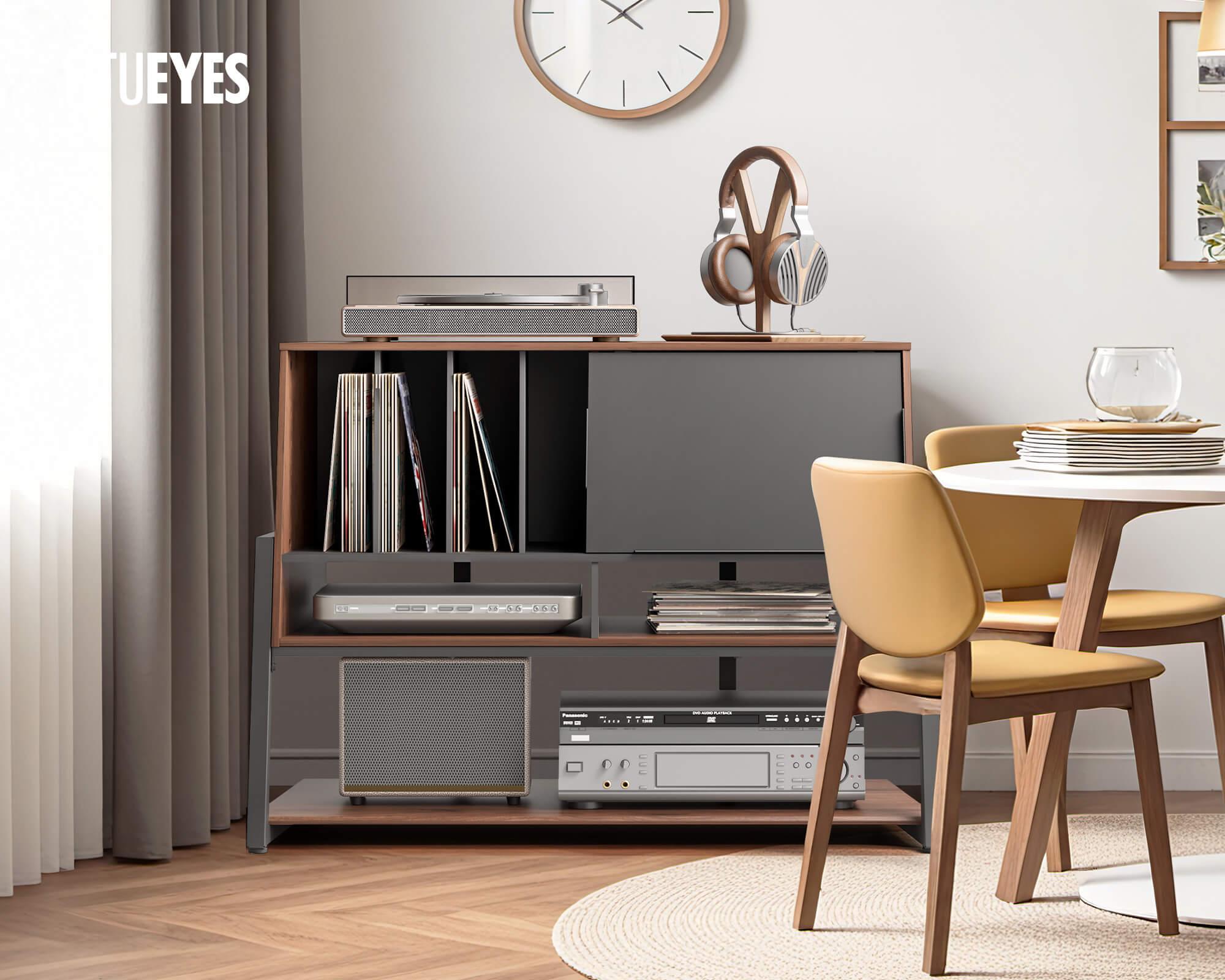 audio rack with vinyl records in the corner of the dining room.