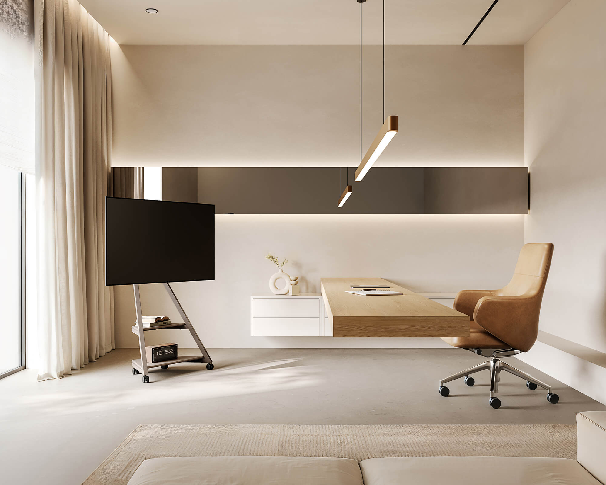 Minimal floor tv stand in a home office