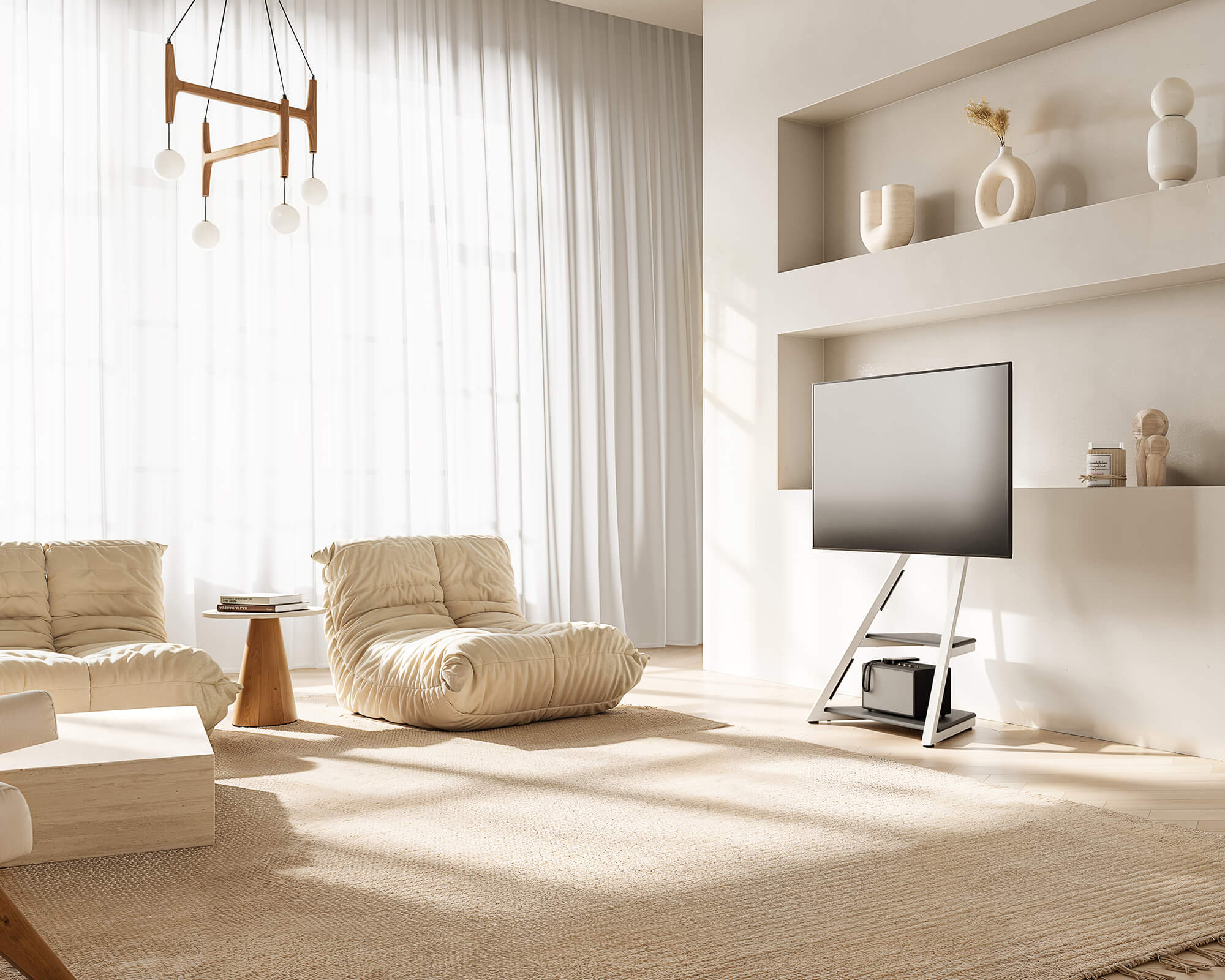 Simple tv stand with wheels blending into a modern living room