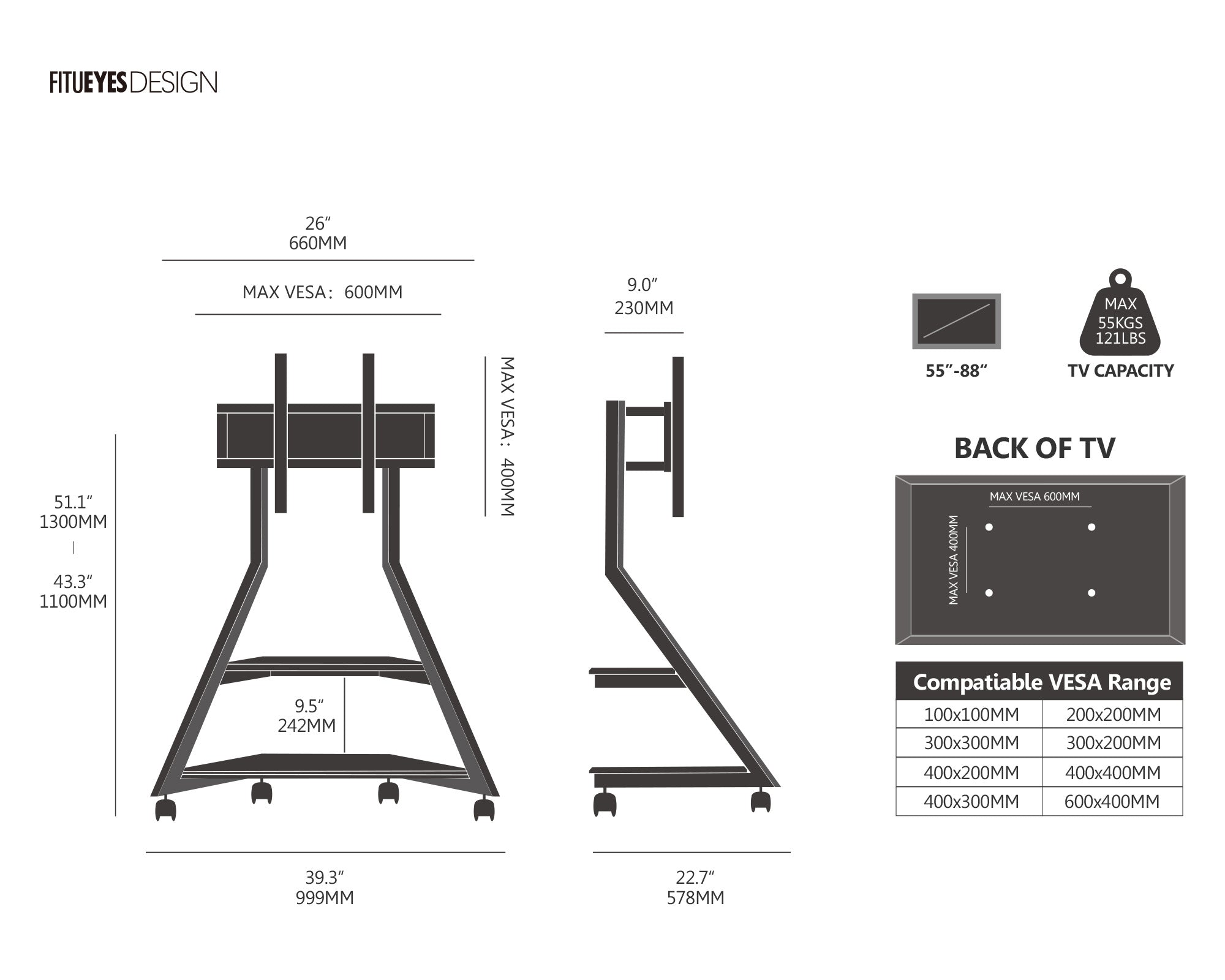 Eiffel V2 FT88 Floor TV Stand With Wheels