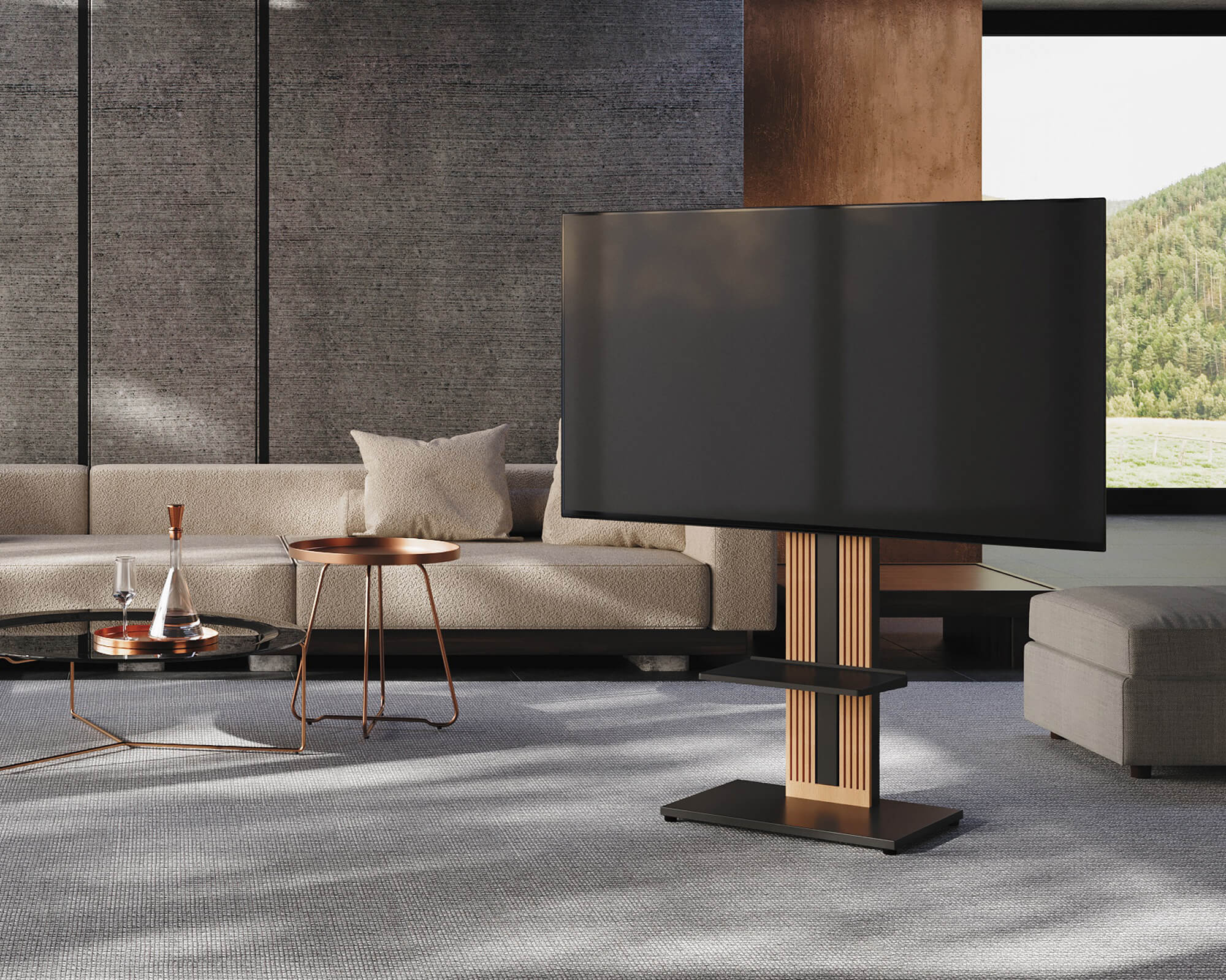 living room floor tv stand with black plate shelf