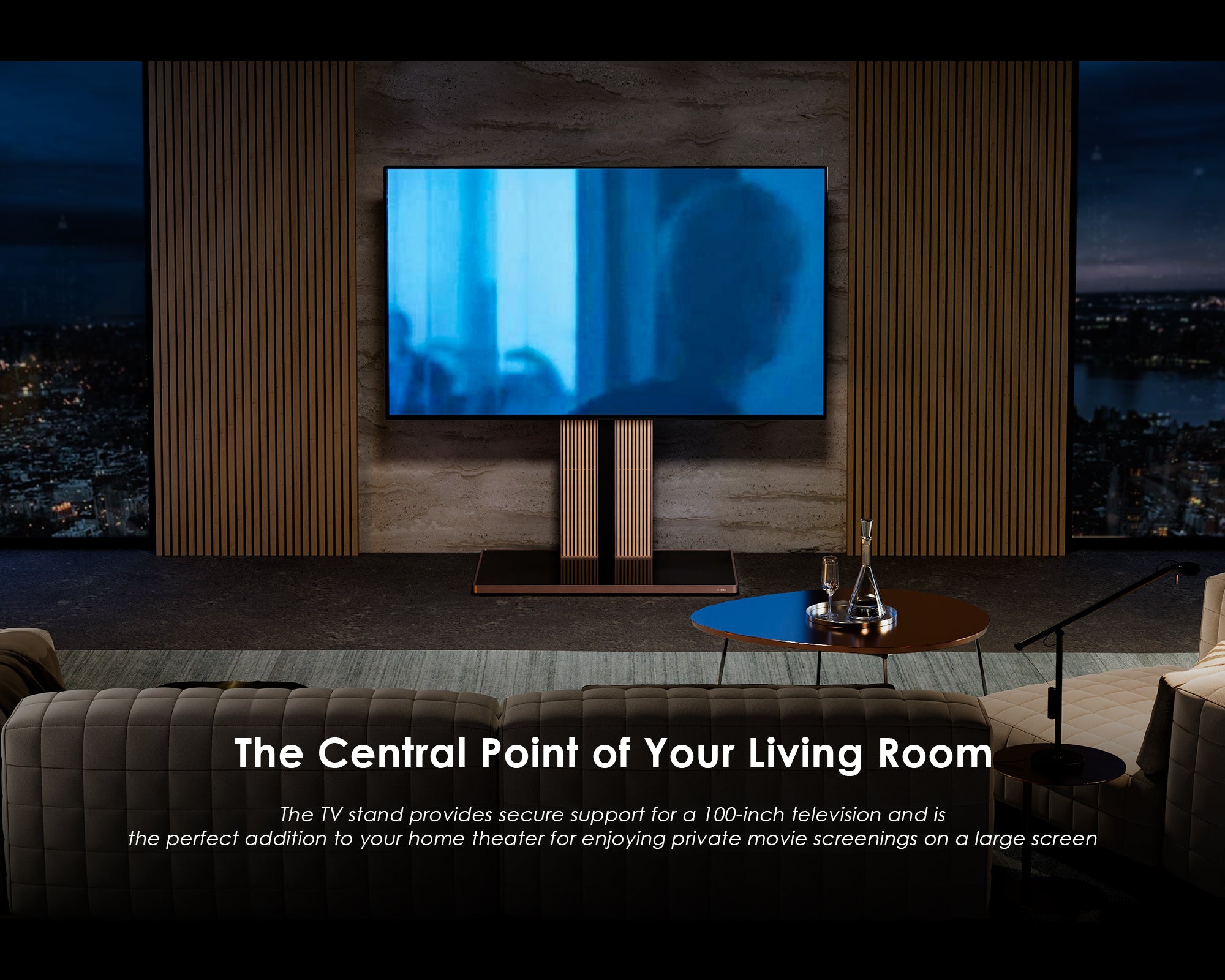 100 inch TV with oak TV stand in the living room