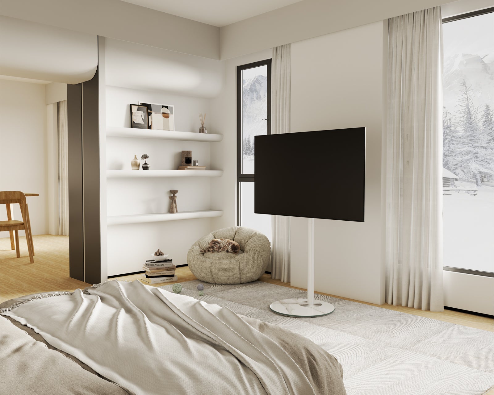 white tv stand in bedroom