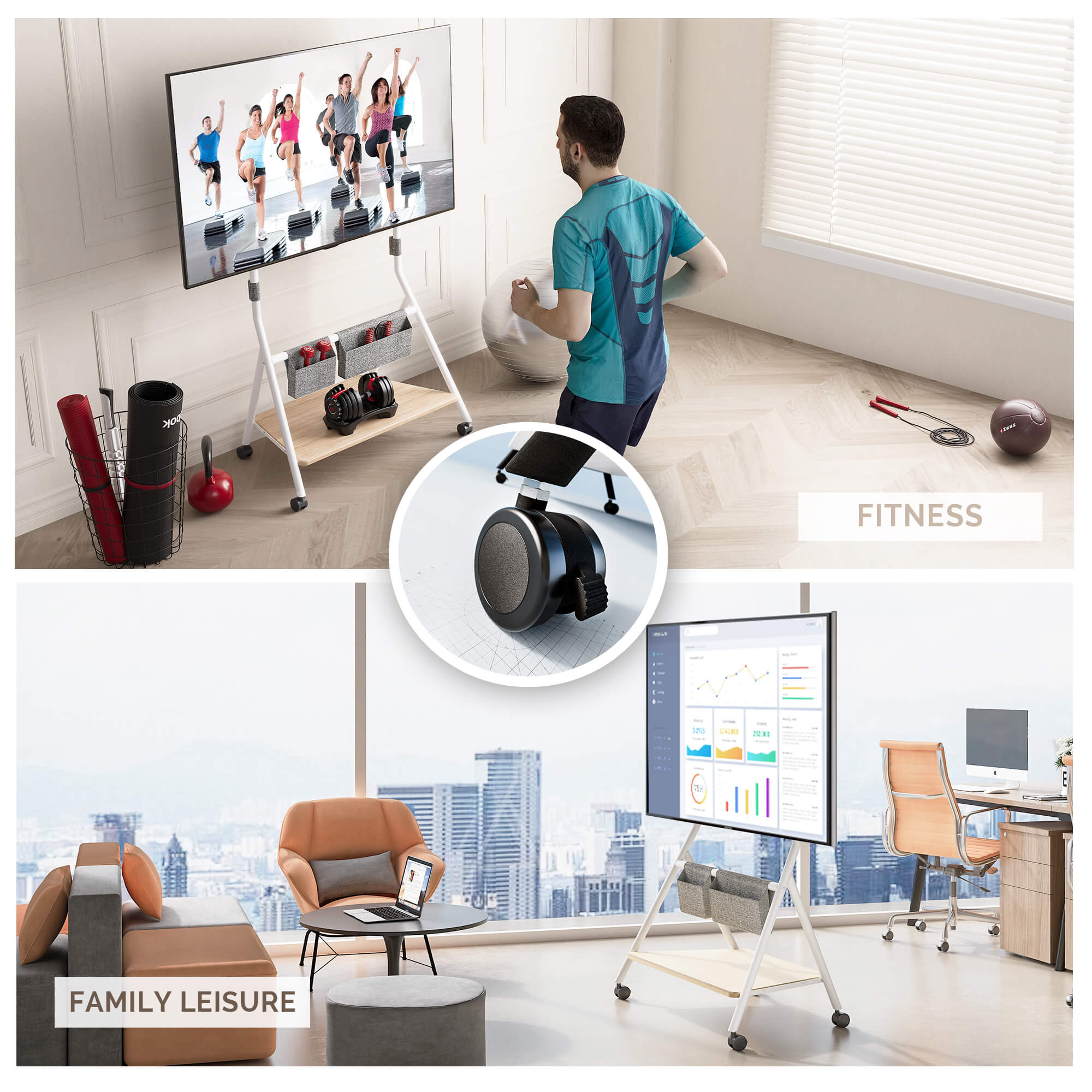 floor tv stand with wheels in the office FITUEYES 55-78 inches white