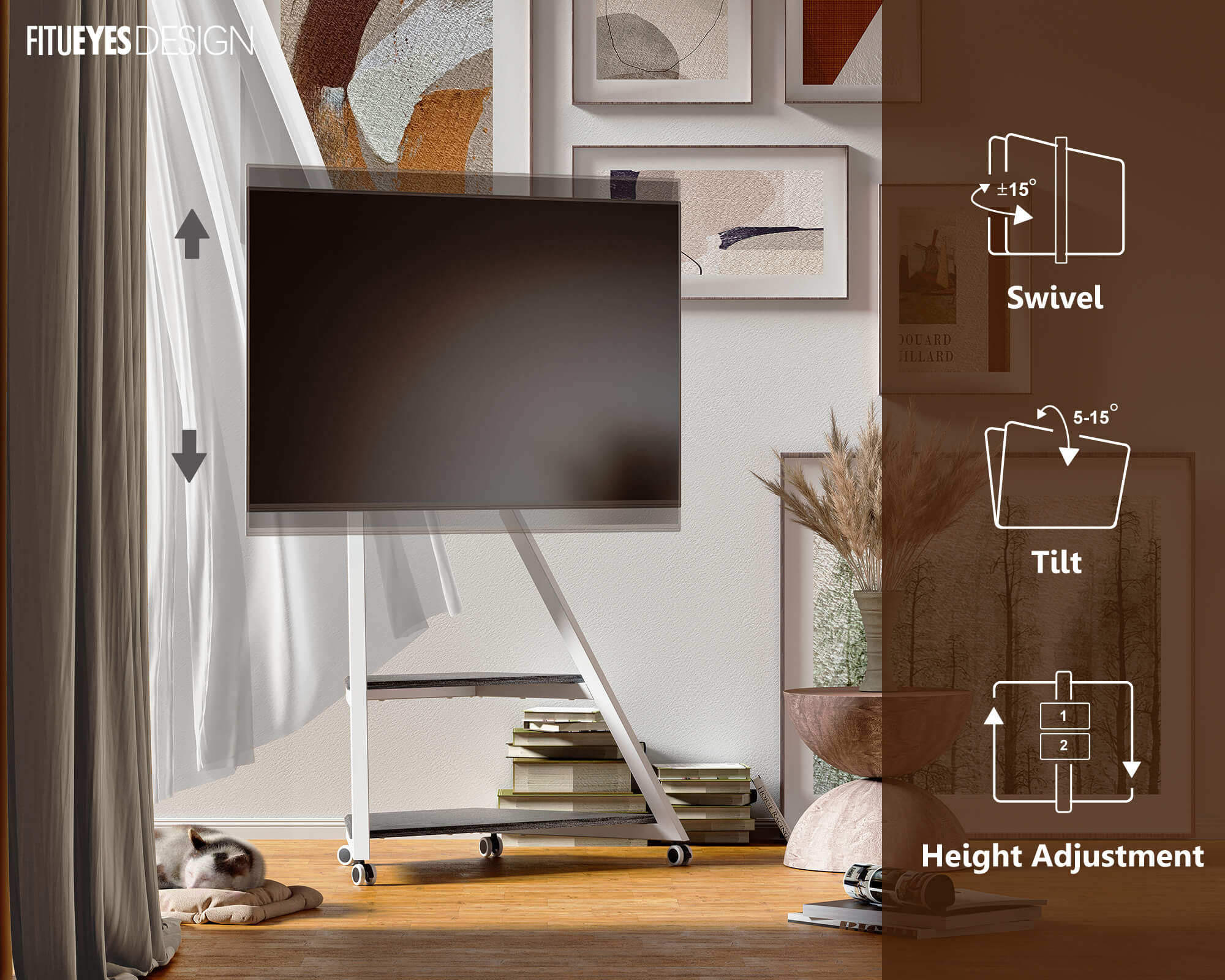 White portable television stand on wheels with Swivel, Tilt and height adjustments