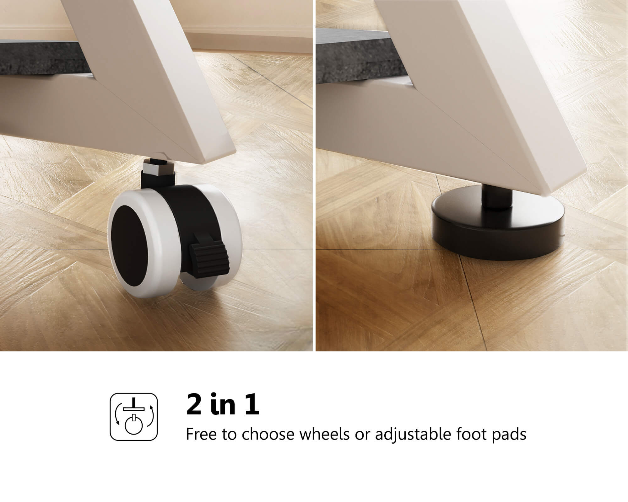 White portable television stand with adjustable feet or mounting wheels