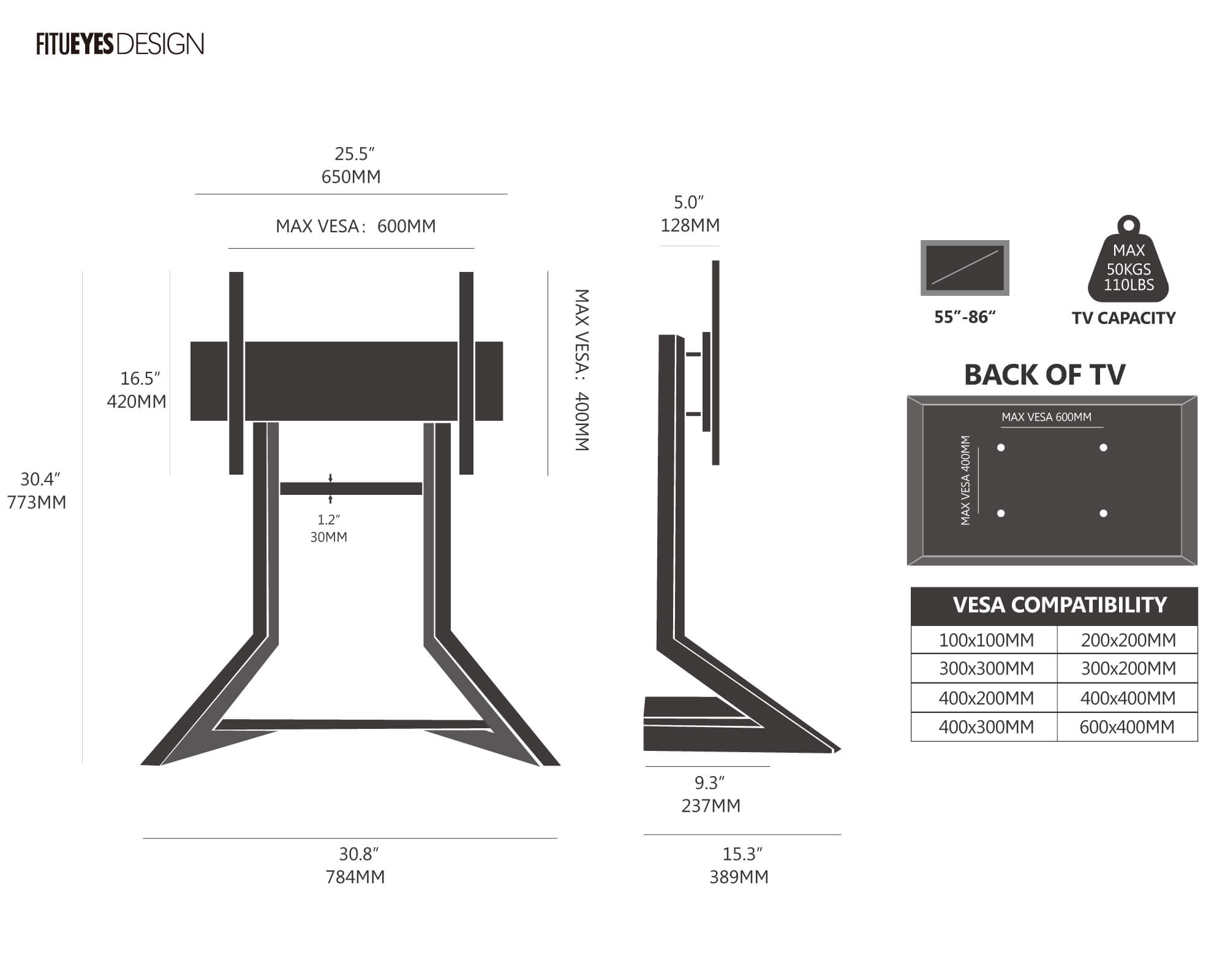 Size chart for TV tabletop stand Fitueyes Eiffel Series.