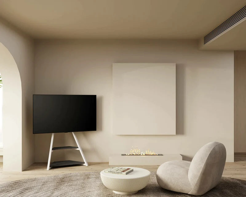 White floor tv stand in the corner of the living room.